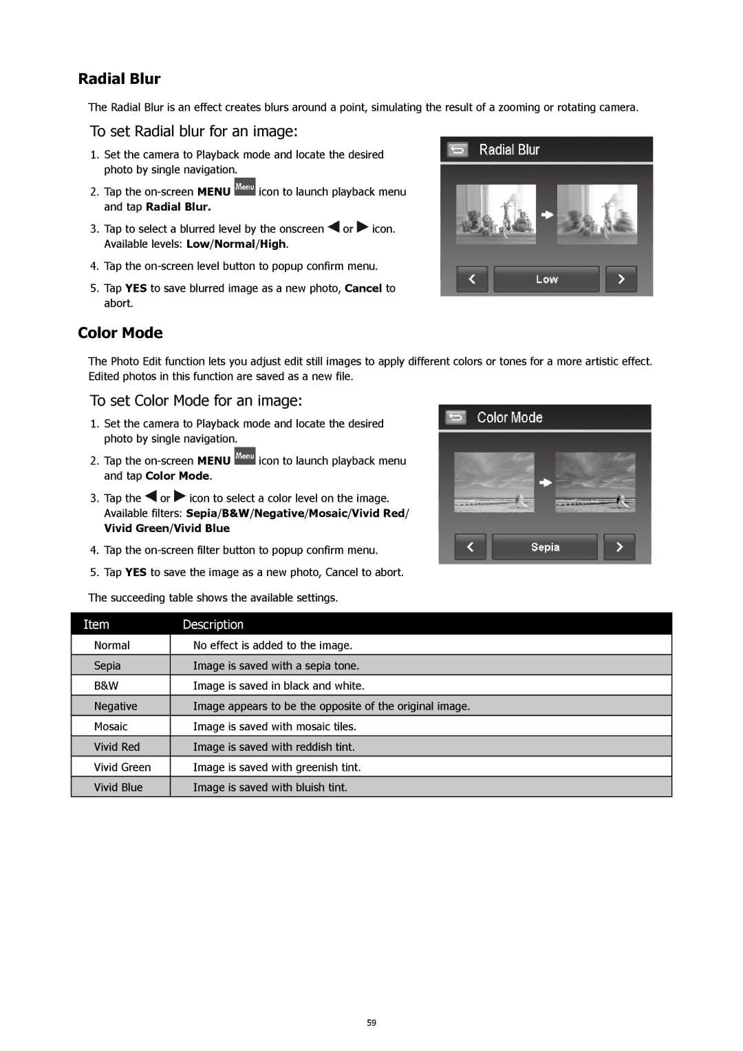 HP 460t manual Radial Blur, To set Radial blur for an image, To set Color Mode for an image 