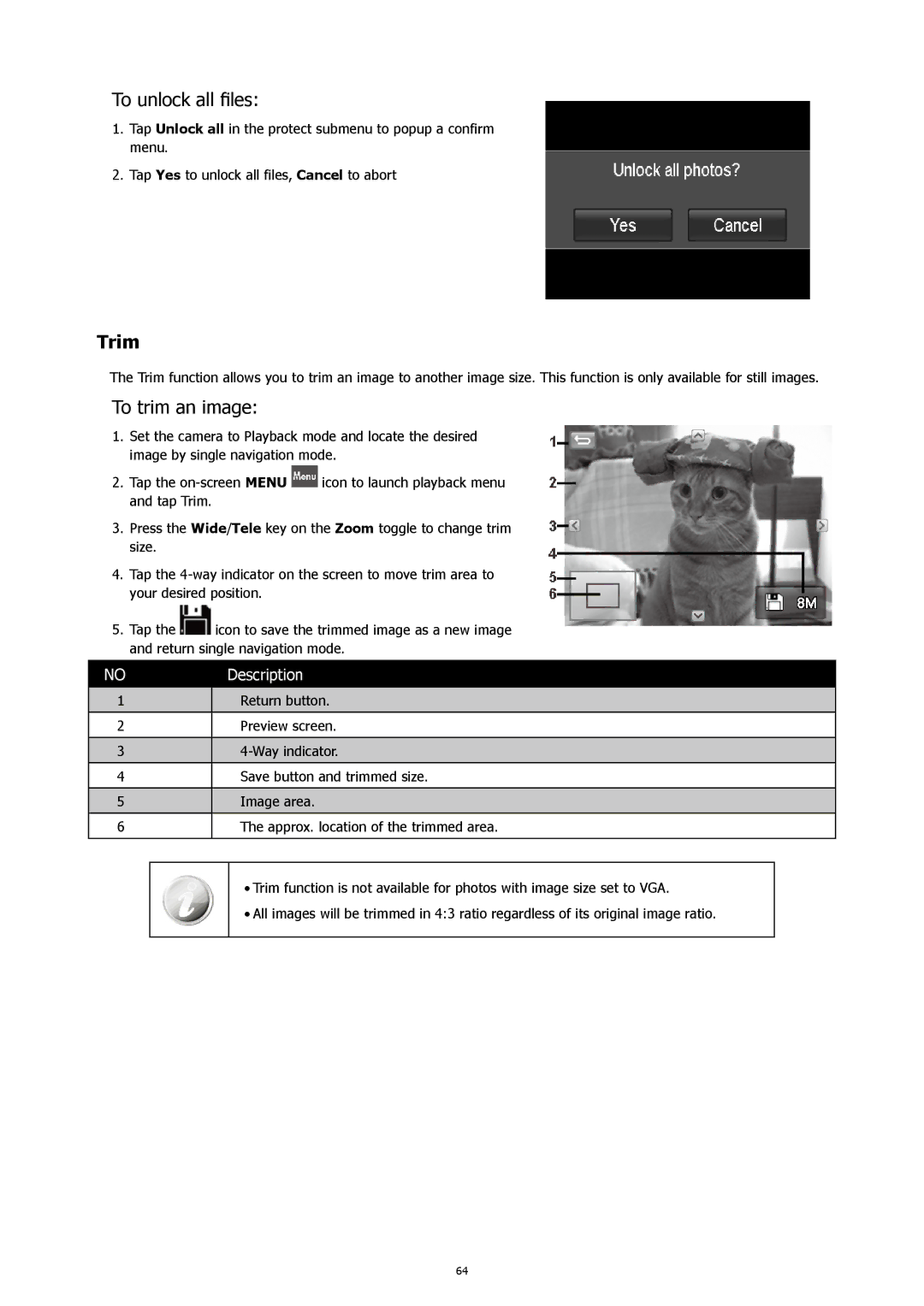 HP 460t manual To unlock all files, Trim, To trim an image 