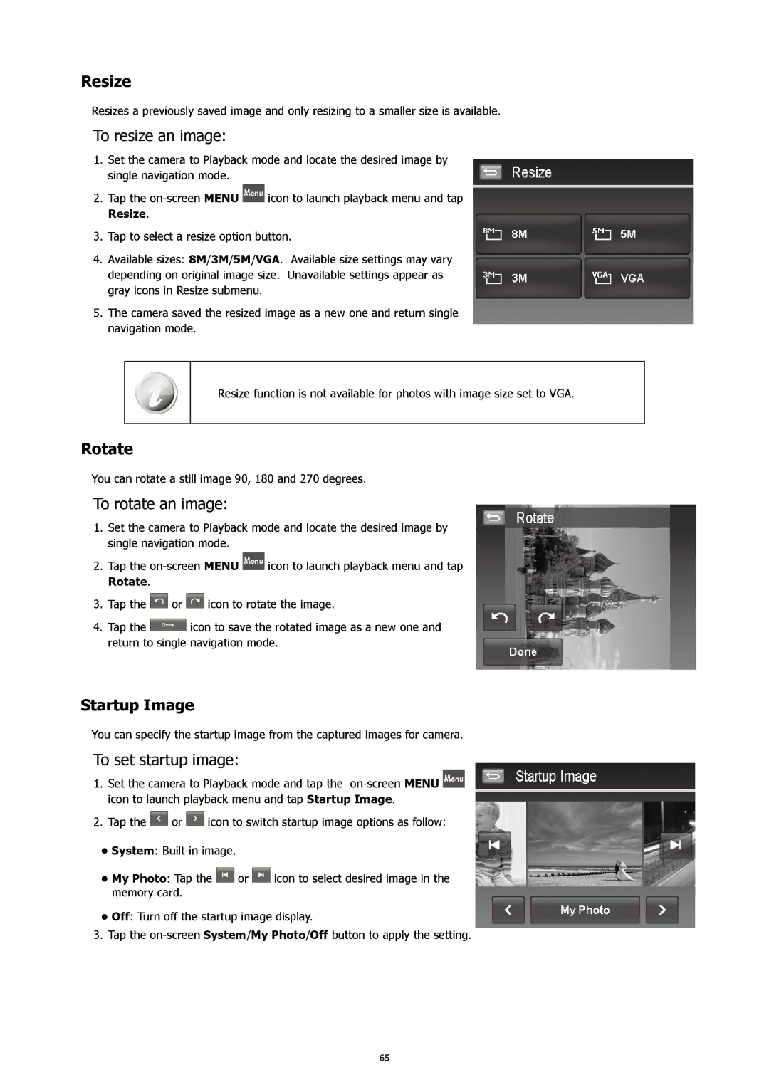 HP 460t manual Resize, Rotate, Startup Image 