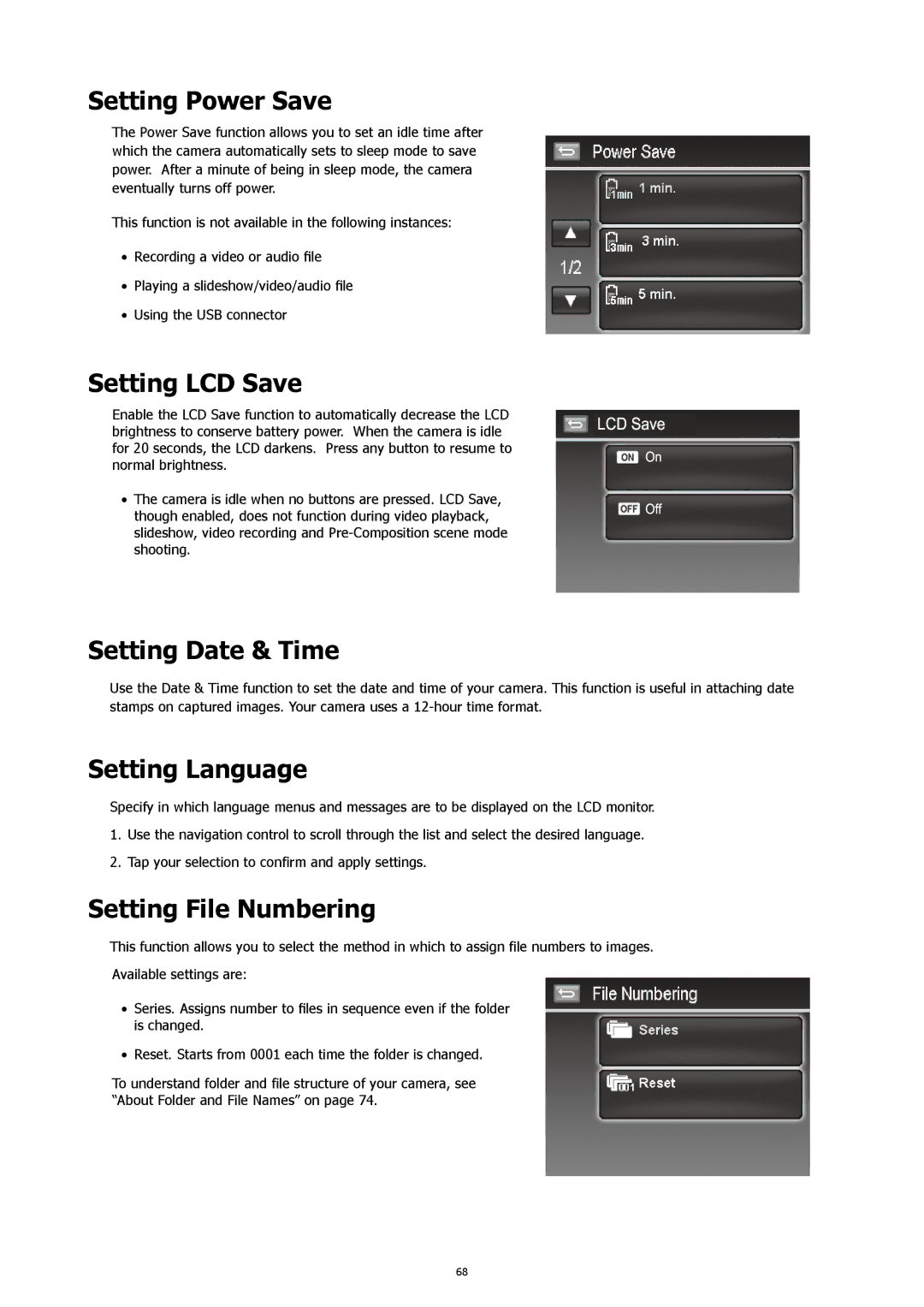 HP 460t manual Setting Power Save, Setting LCD Save, Setting Date & Time, Setting Language, Setting File Numbering 