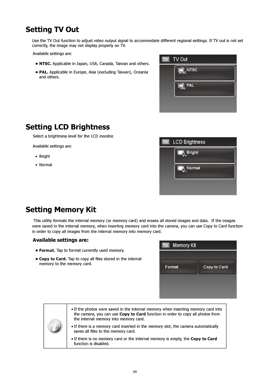 HP 460t manual Setting TV Out, Setting LCD Brightness, Setting Memory Kit 