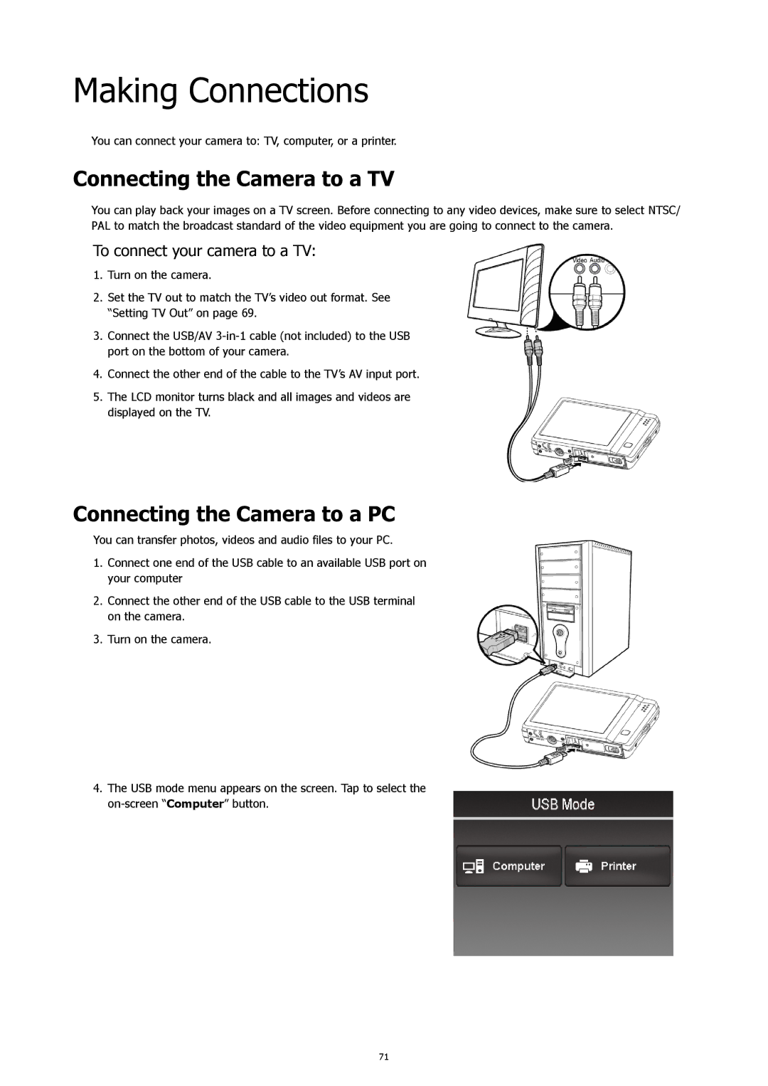 HP 460t Making Connections, Connecting the Camera to a TV, Connecting the Camera to a PC, To connect your camera to a TV 