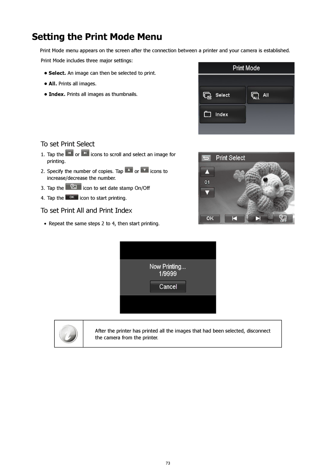 HP 460t manual Setting the Print Mode Menu, To set Print Select, To set Print All and Print Index 