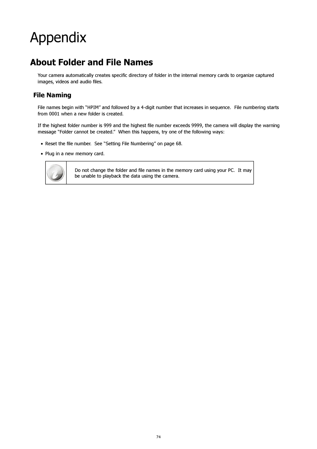 HP 460t manual Appendix, About Folder and File Names, File Naming 