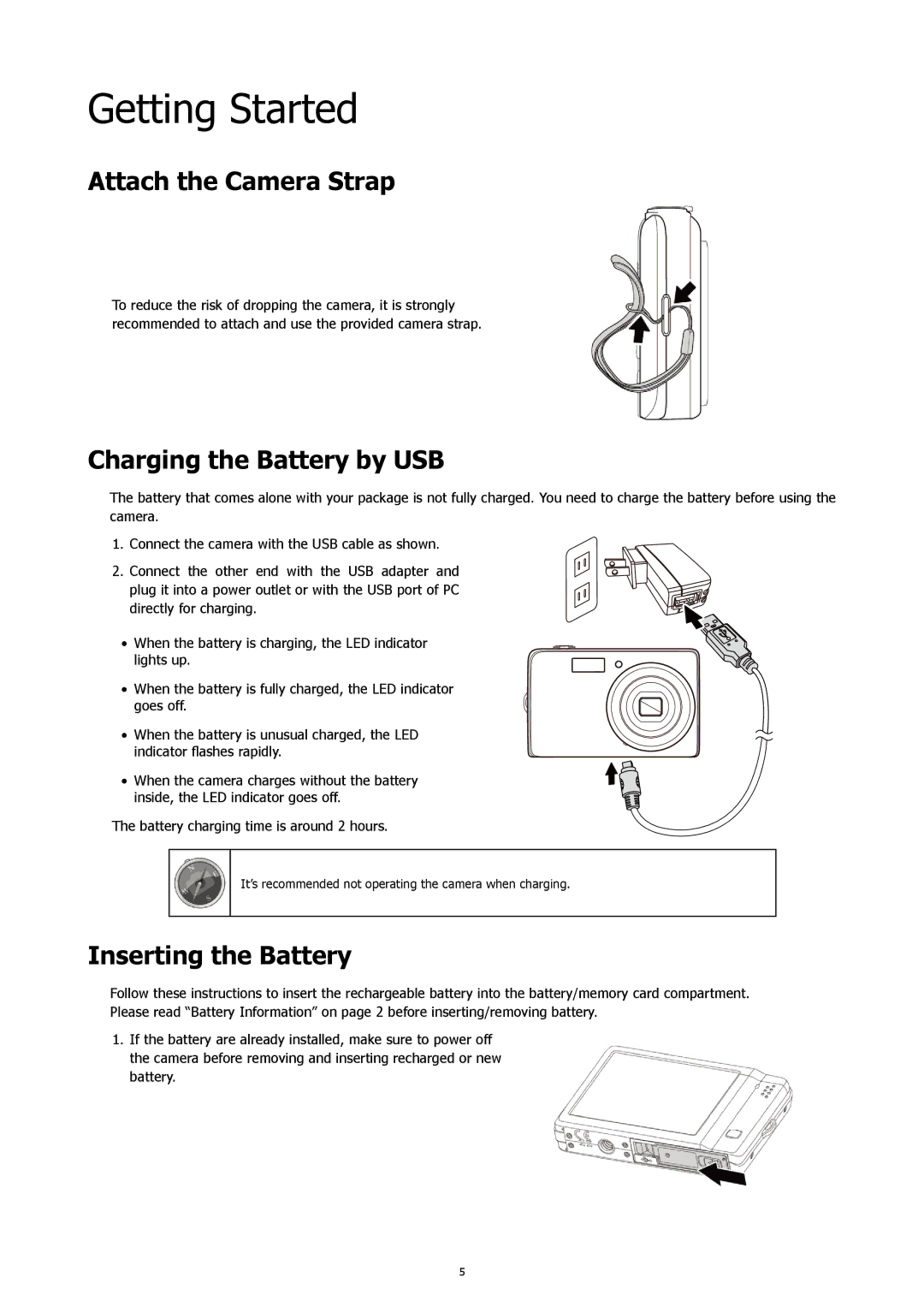 HP 460t manual Getting Started, Attach the Camera Strap, Charging the Battery by USB, Inserting the Battery 