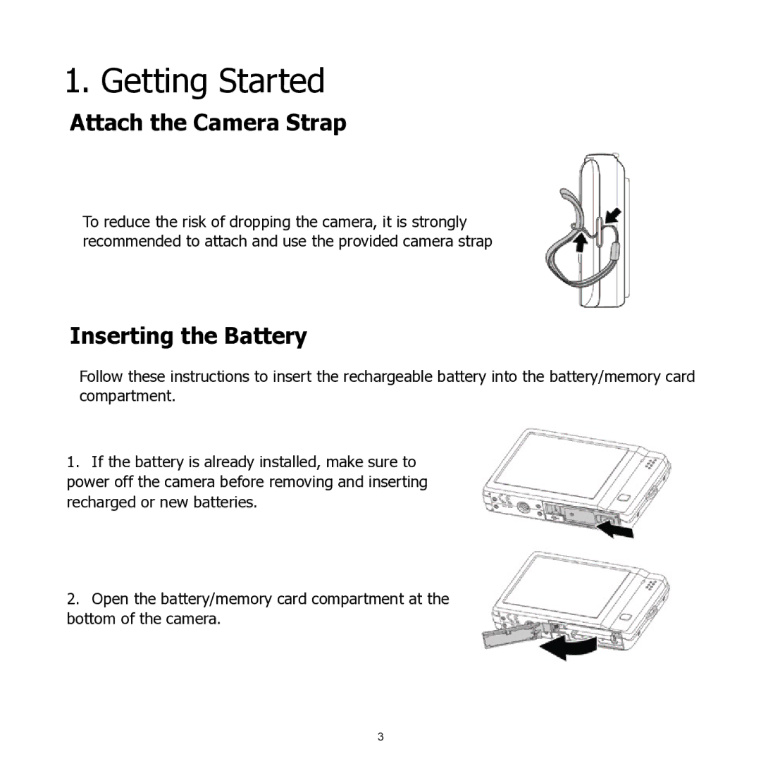 HP 460t manual Getting Started, Attach the Camera Strap, Inserting the Battery 