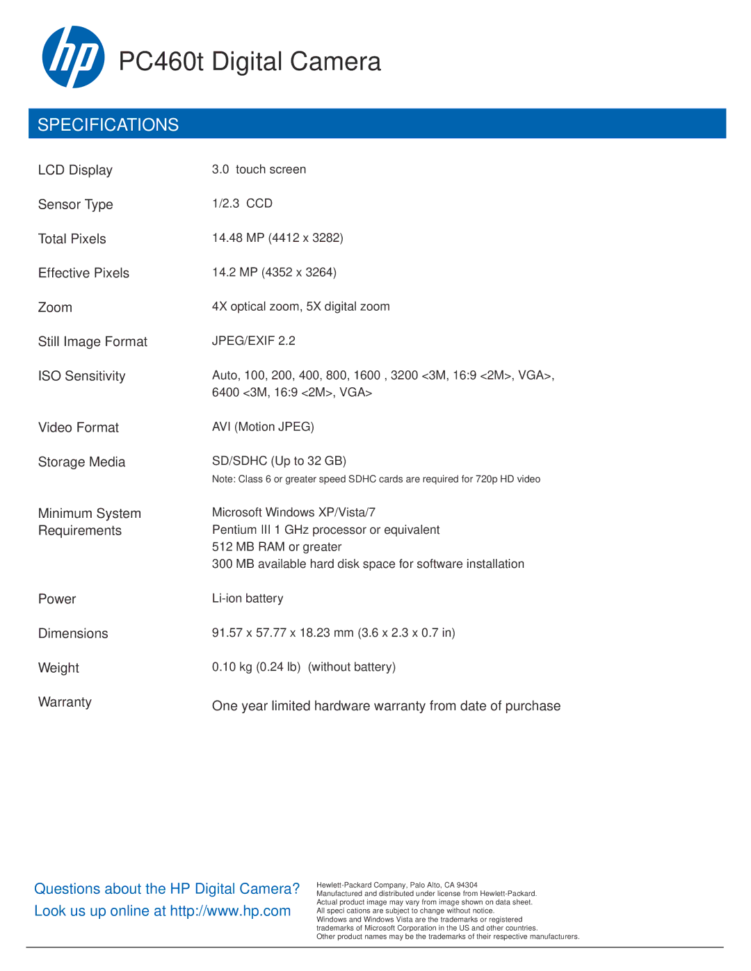 HP manual PC460t Digital Camera, Specifications 