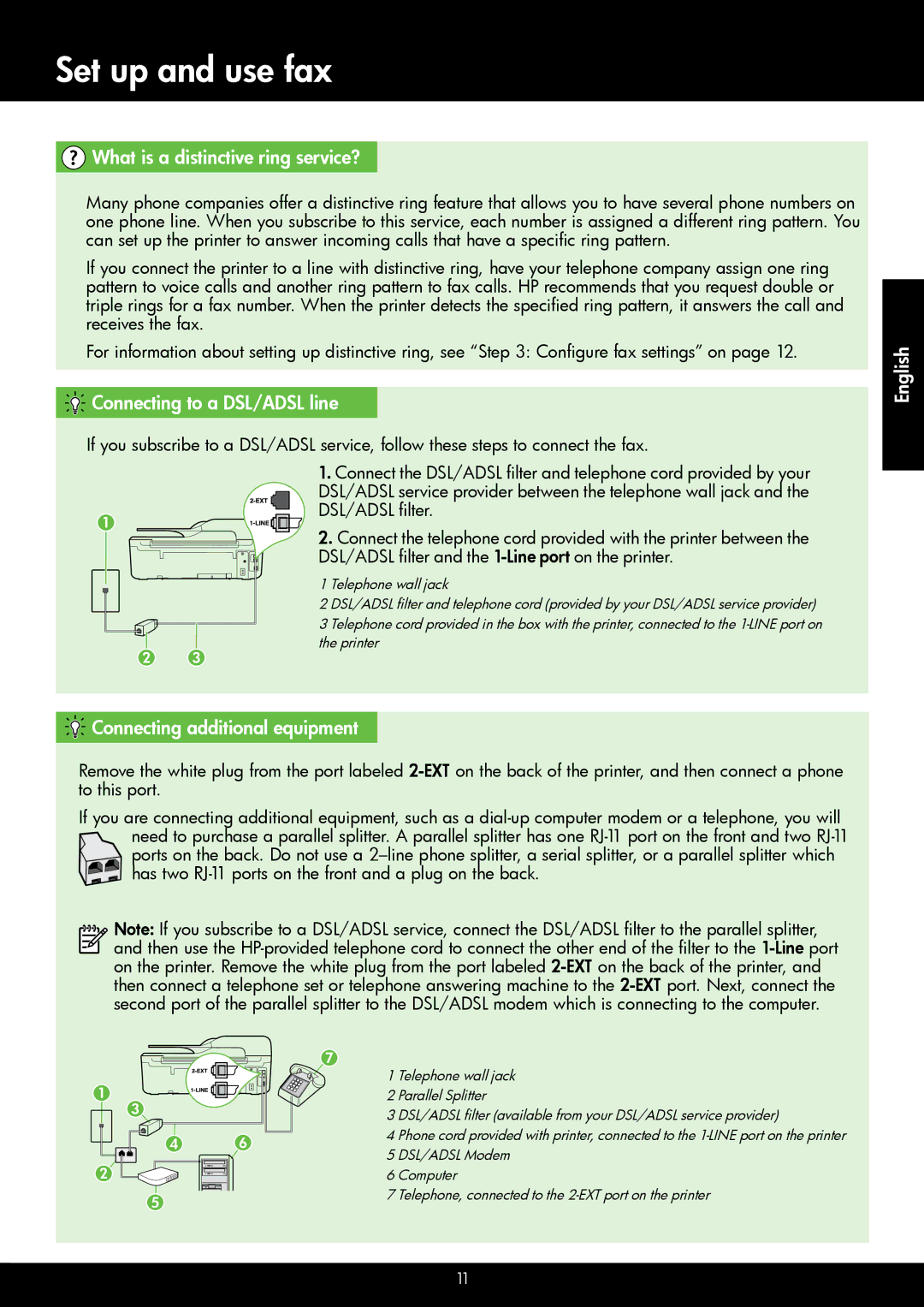 HP 4620, 4622 manual What is a distinctive ring service?, Connecting to a DSL/ADSL line, Connecting additional equipment 