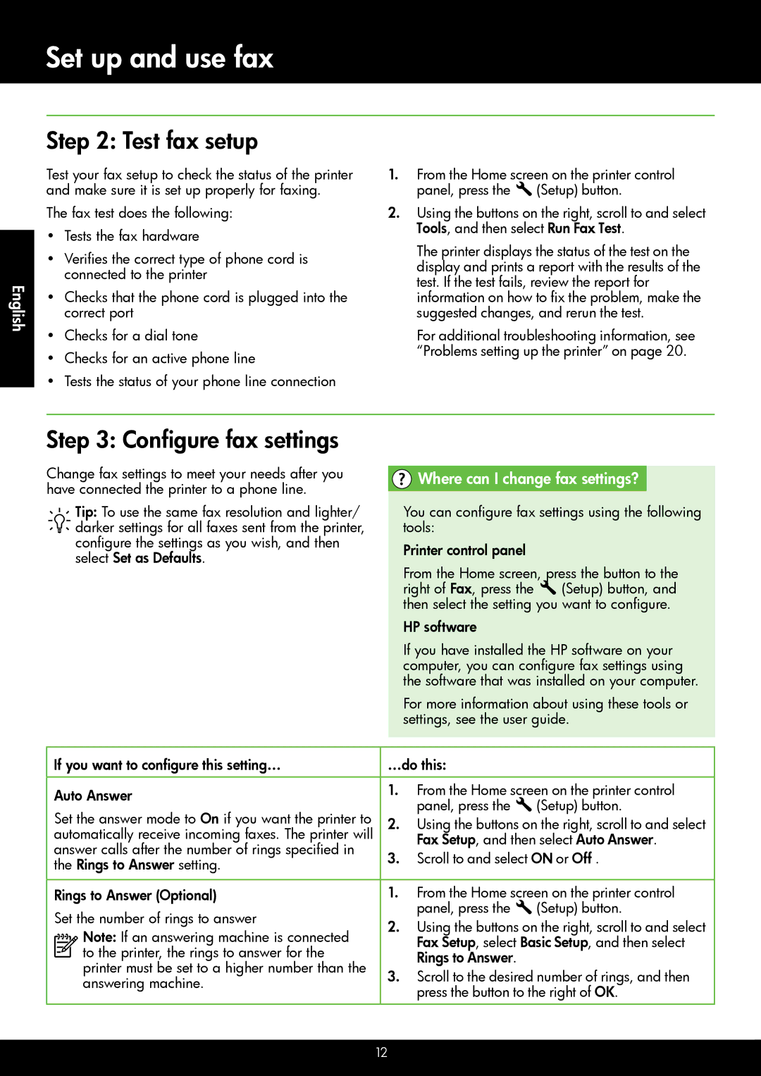 HP 4622, 4620 manual Test fax setup, Configure fax settings, Where can I change fax settings?, HP software 