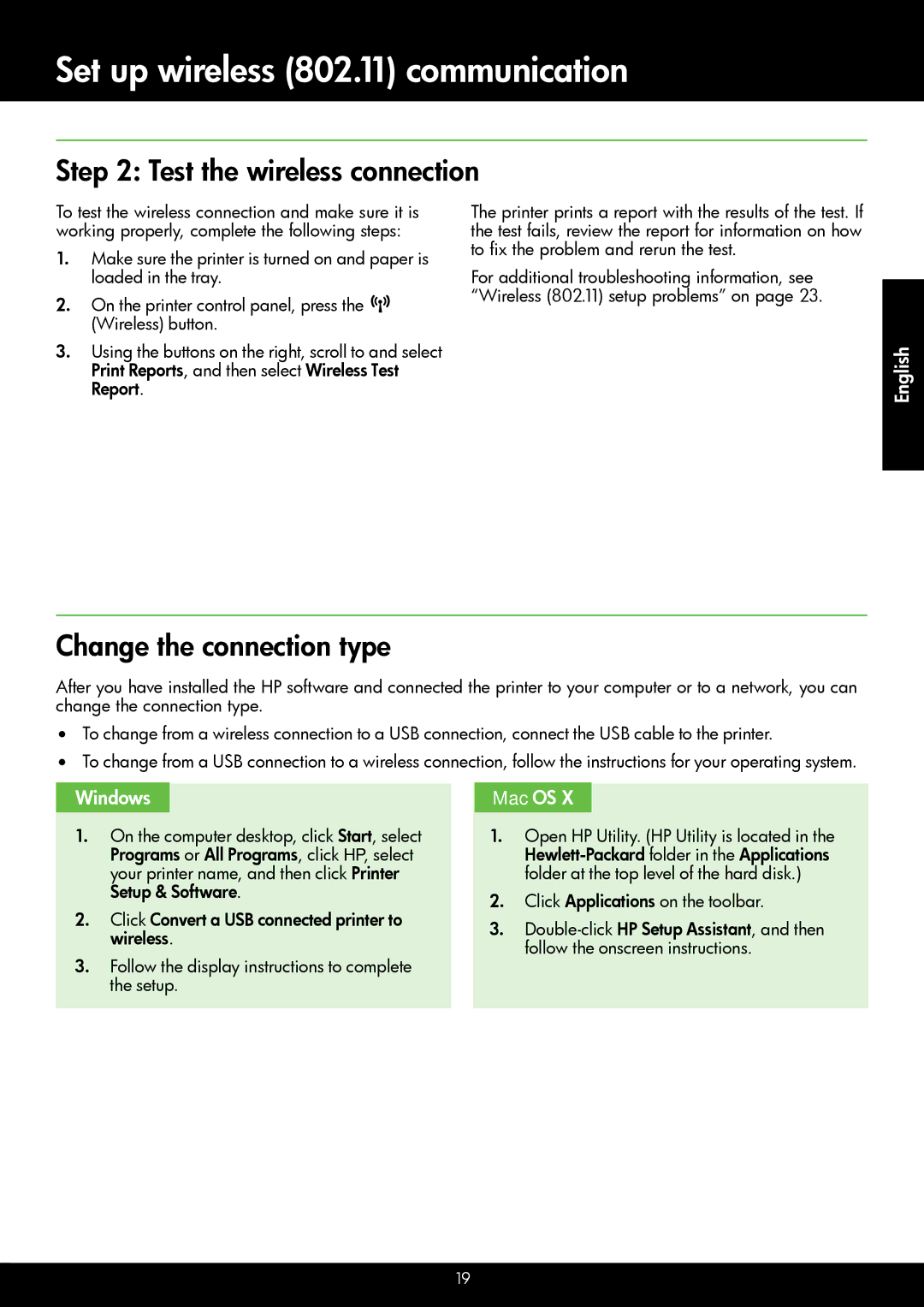 HP 4620 Test the wireless connection, Change the connection type, Windows, Mac OS, Open HP Utility. HP Utility is located 