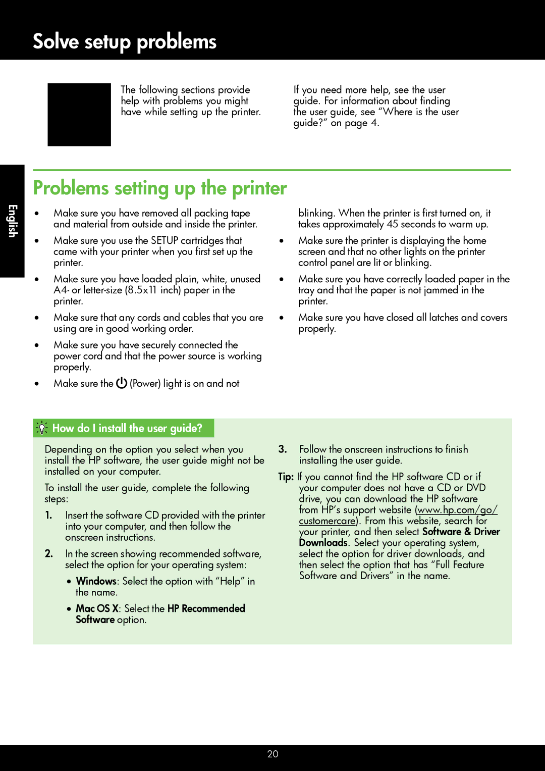 HP 4622, 4620 manual Solve setup problems, Problems setting up the printer, How do I install the user guide? 