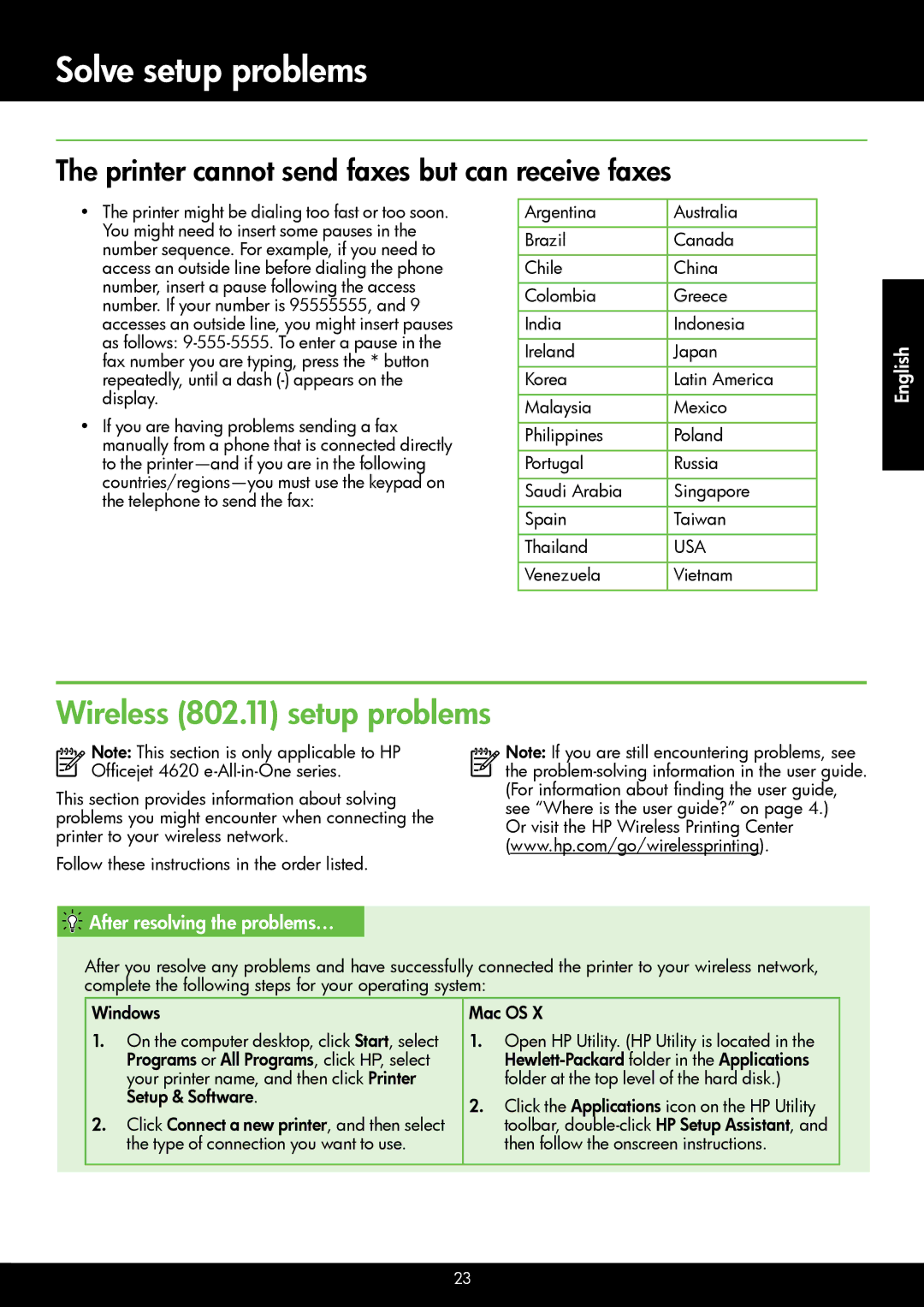 HP 4620, 4622 manual Printer cannot send faxes but can receive faxes, After resolving the problems…, Venezuela Vietnam 