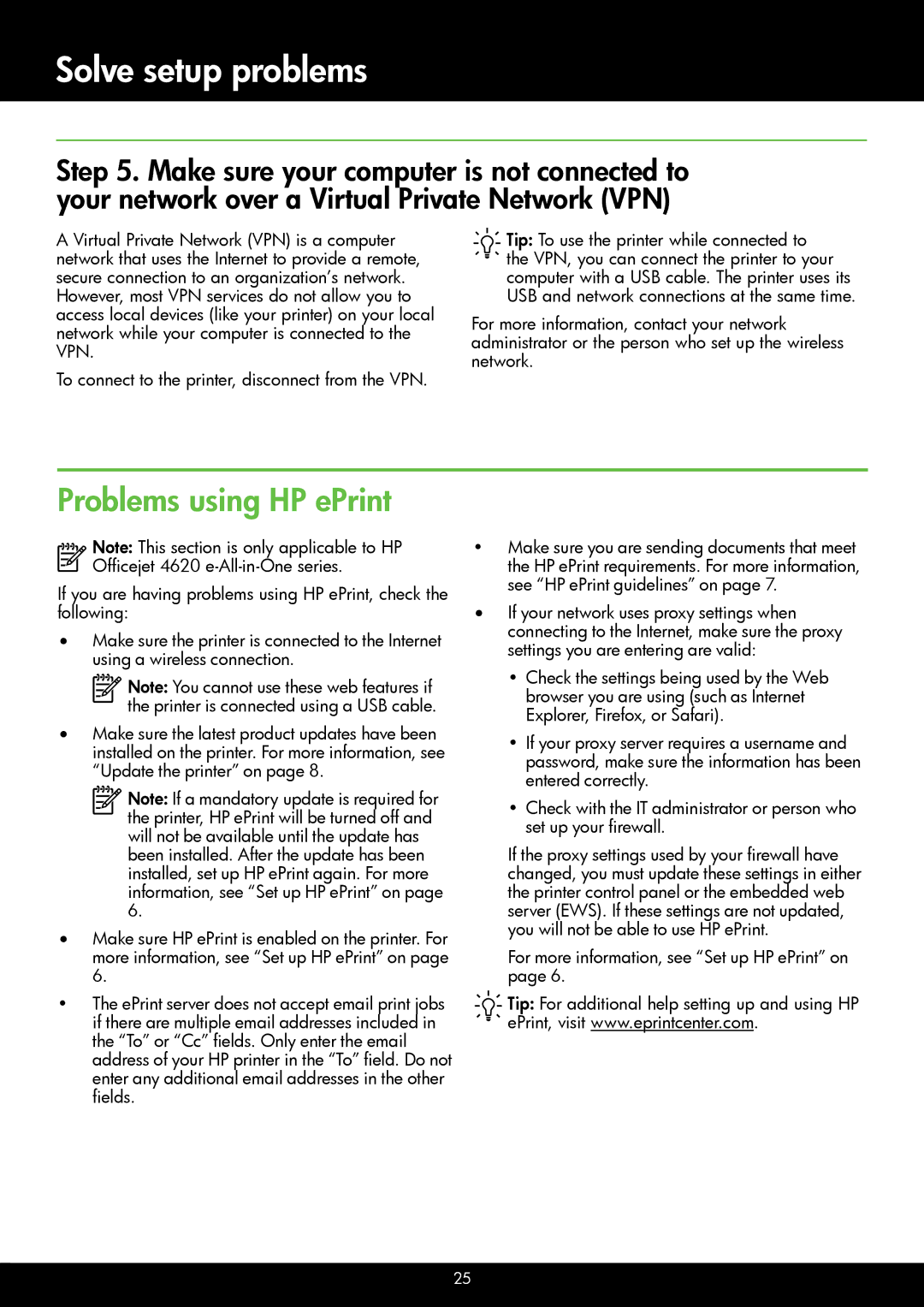 HP 4620, 4622 manual Problems using HP ePrint 