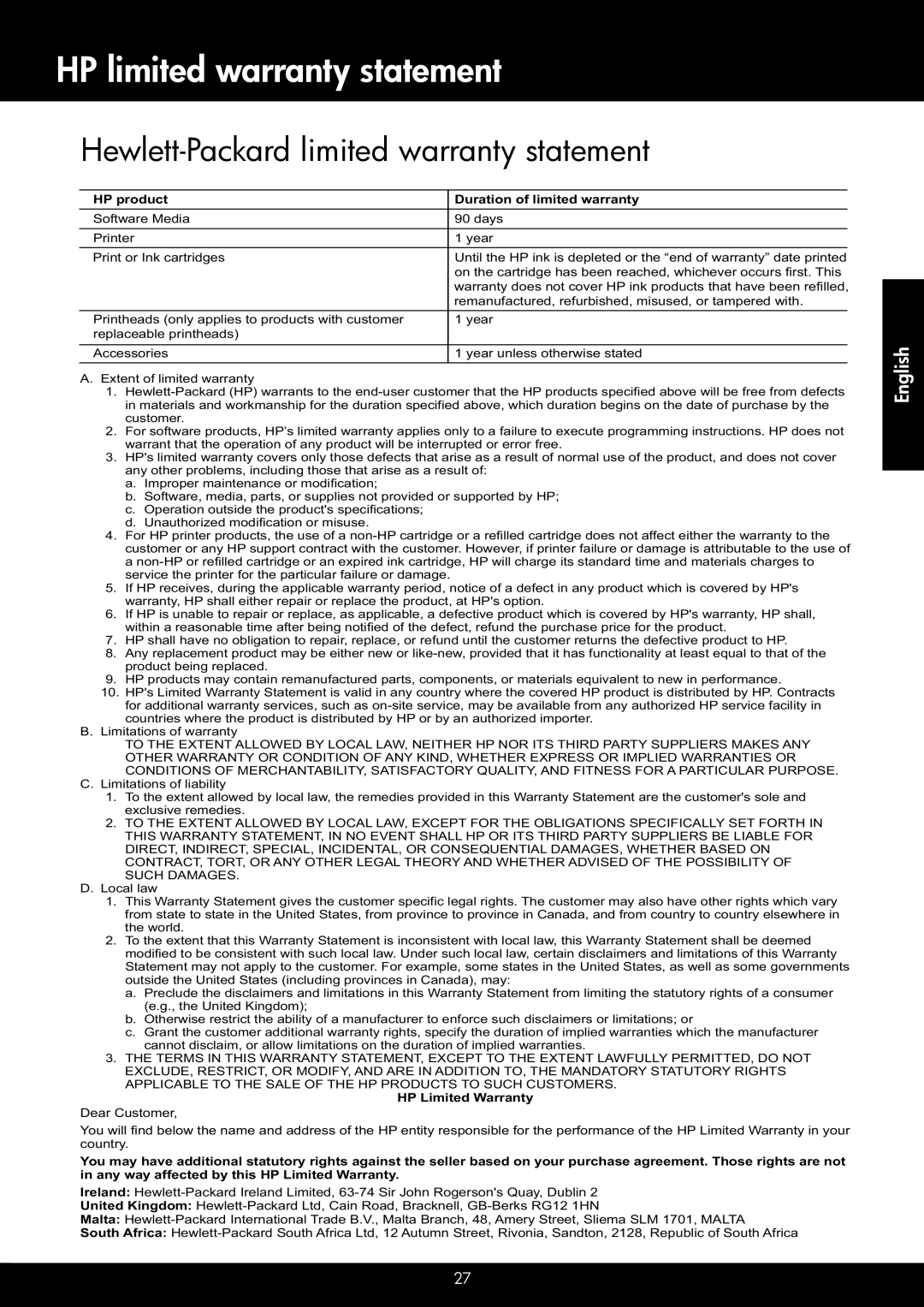 HP 4620, 4622 manual HP limited warranty statement, Hewlett-Packard limited warranty statement 