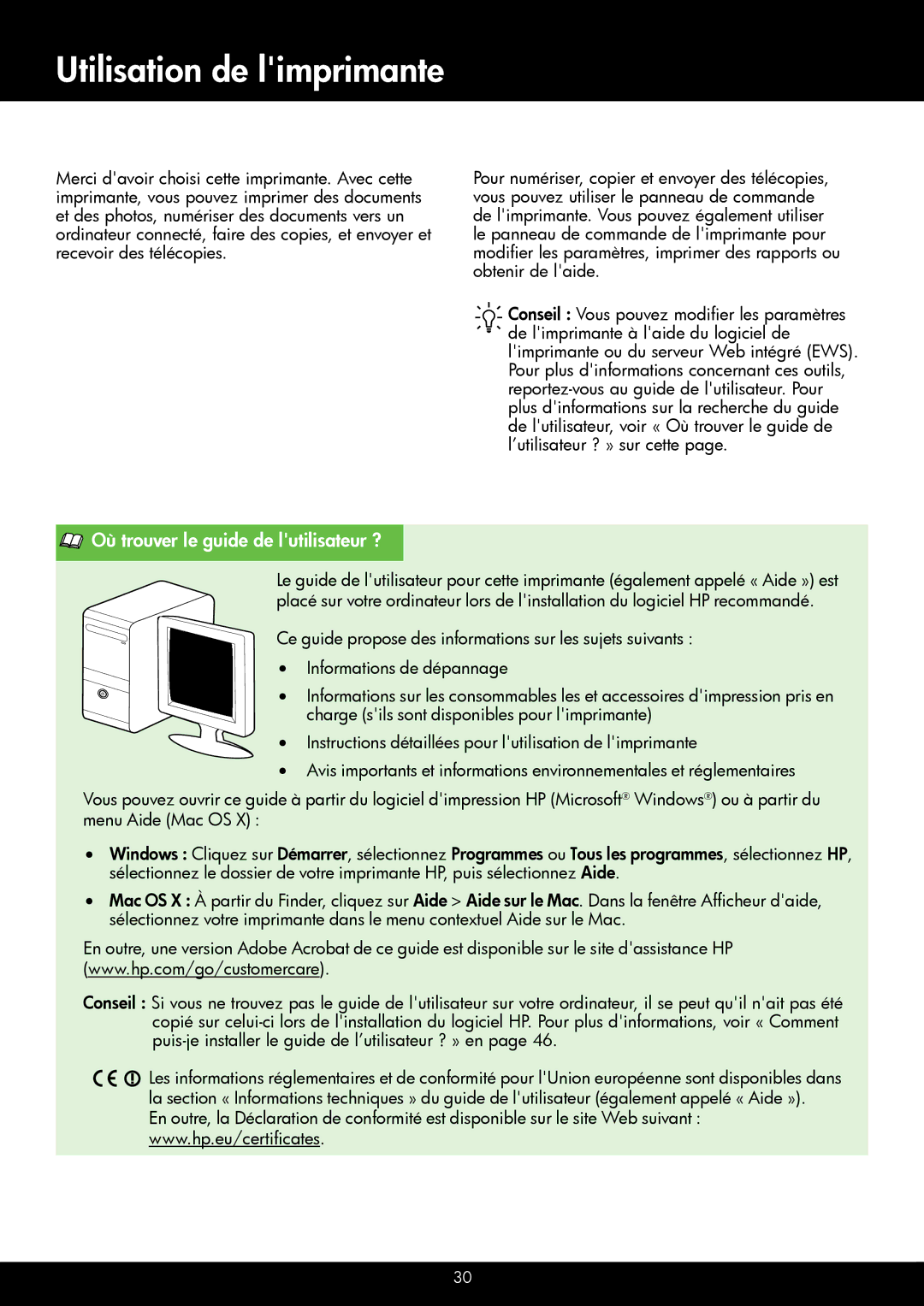 HP 4622, 4620 manual Utilisation de limprimante, Français Où trouver le guide de lutilisateur ? 