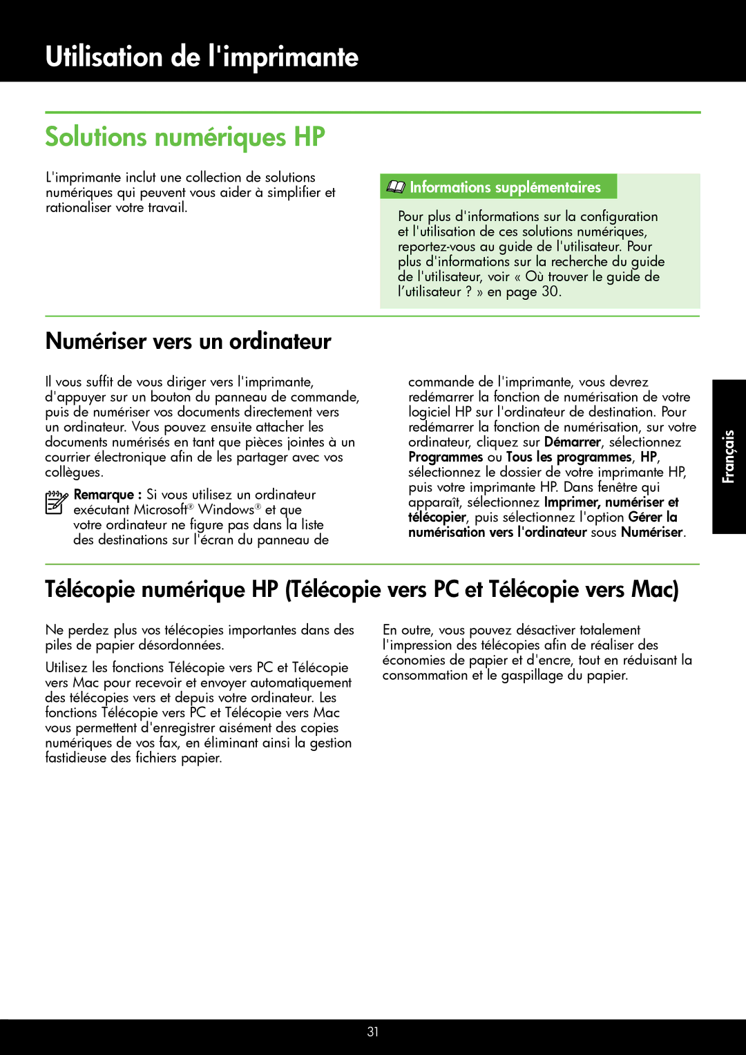 HP 4620, 4622 manual Solutions numériques HP, Numériser vers un ordinateur, Informations supplémentaires 