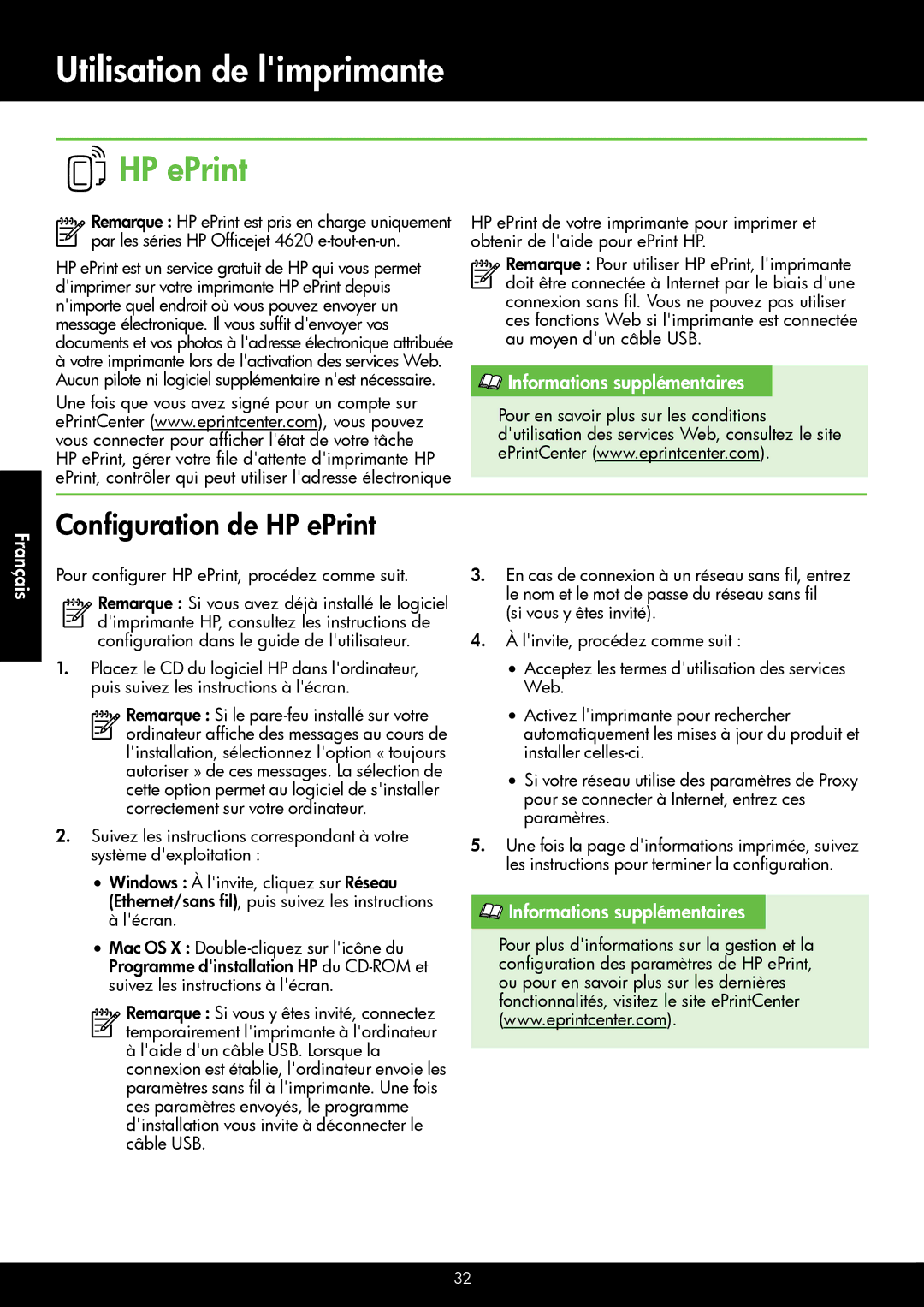 HP 4622 Configuration de HP ePrint, Informations supplémentaires Français, Pour configurer HP ePrint, procédez comme suit 