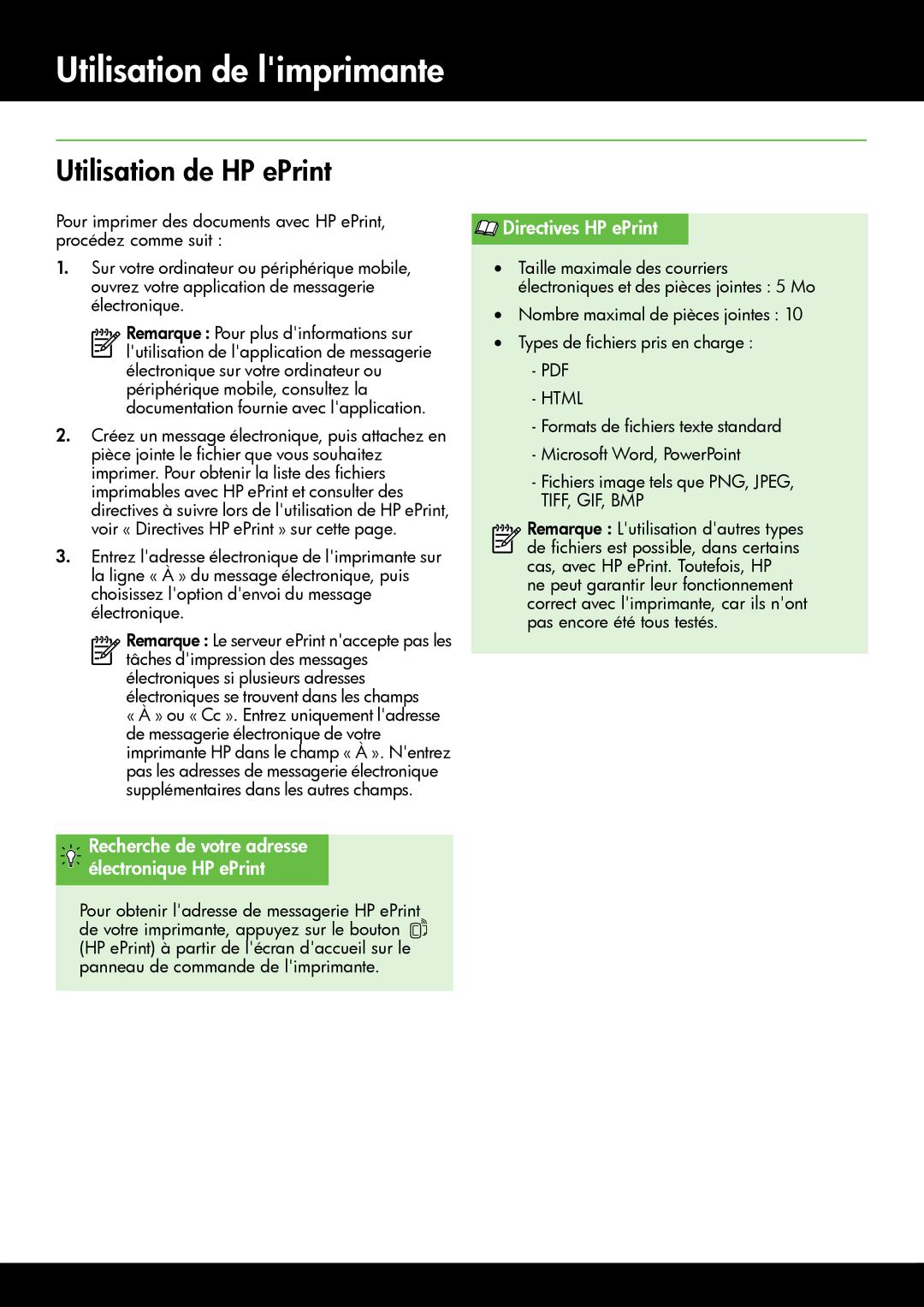 HP 4620, 4622 manual Utilisation de HP ePrint, Directives HP ePrint 