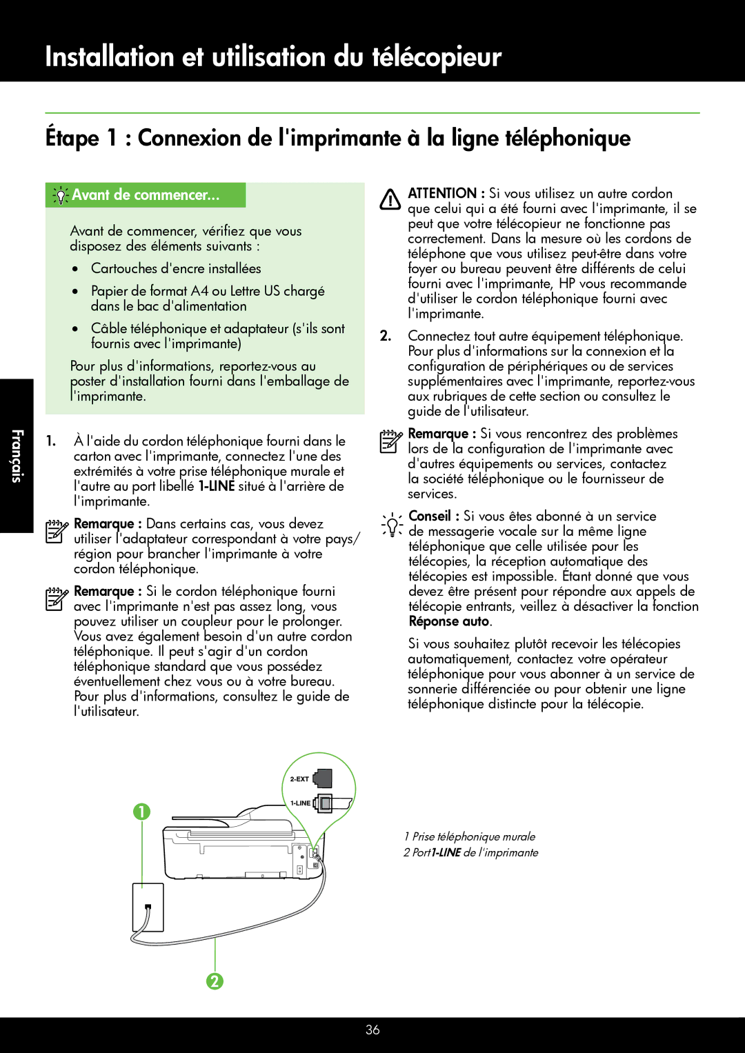 HP 4622, 4620 manual Étape 1 Connexion de limprimante à la ligne téléphonique, Français Avant de commencer 