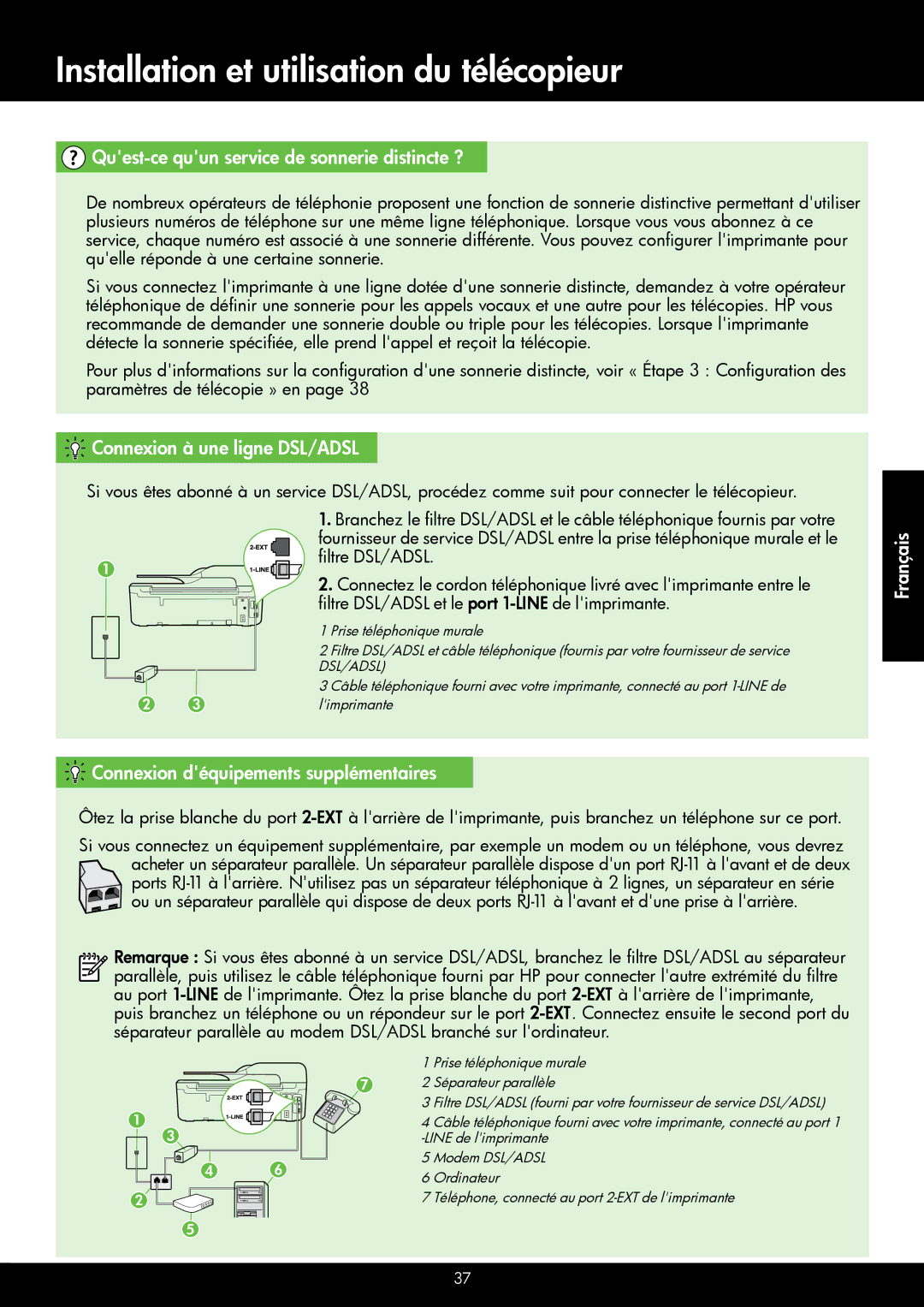 HP 4620, 4622 manual Quest-ce quun service de sonnerie distincte ?, Connexion à une ligne DSL/ADSL 