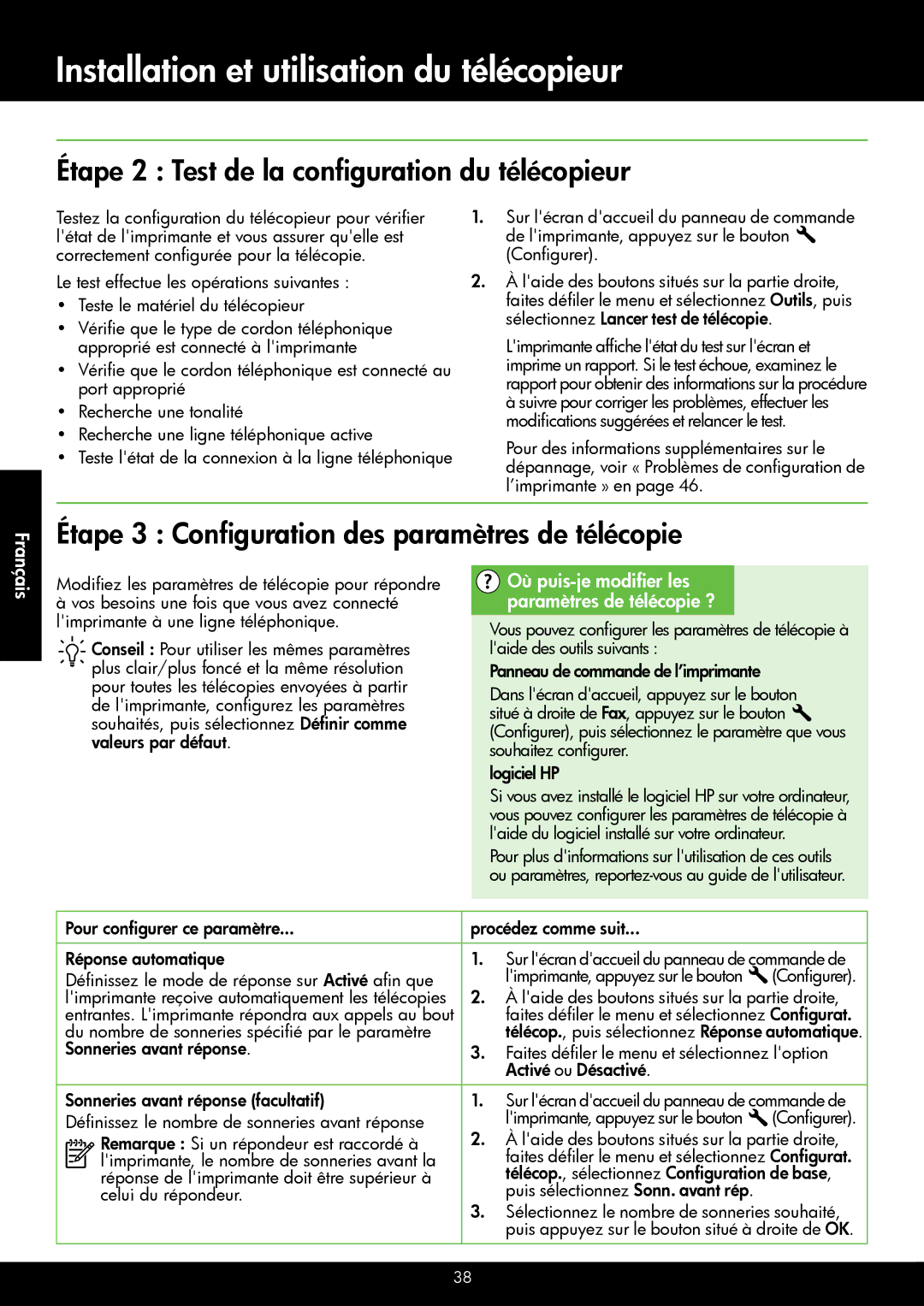 HP 4622, 4620 manual Étape 2 Test de la configuration du télécopieur, Étape 3 Configuration des paramètres de télécopie 