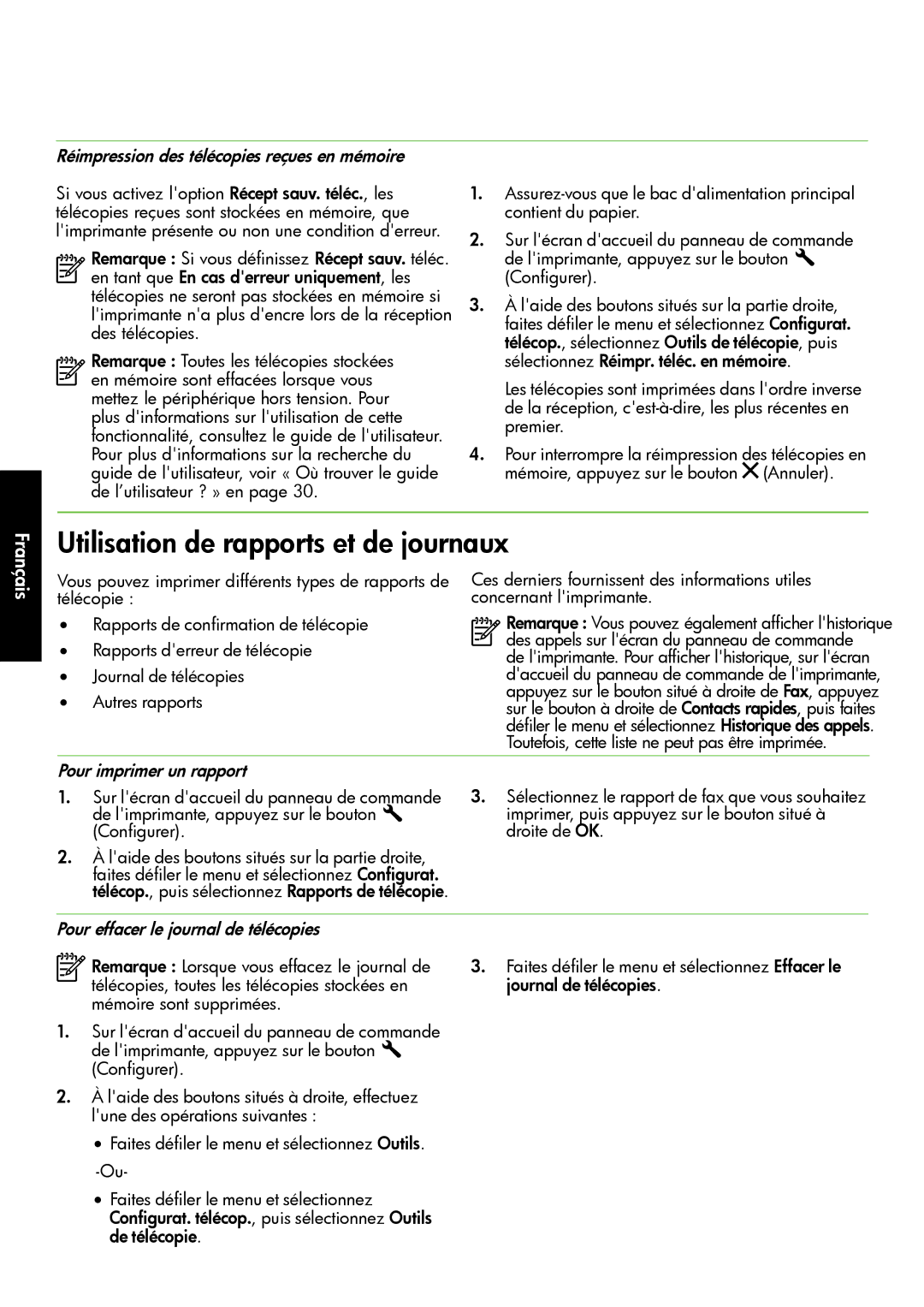 HP 4622 Utilisation de rapports et de journaux, Réimpression des télécopies reçues en mémoire, Pour imprimer un rapport 