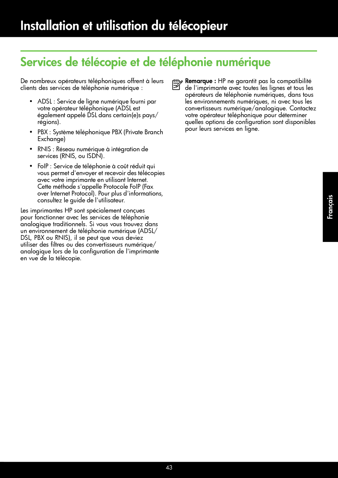 HP 4620, 4622 manual Services de télécopie et de téléphonie numérique 