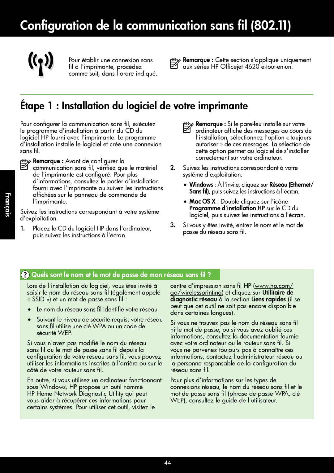 HP 4622, 4620 manual Configuration de la communication sans fil, Étape 1 Installation du logiciel de votre imprimante 