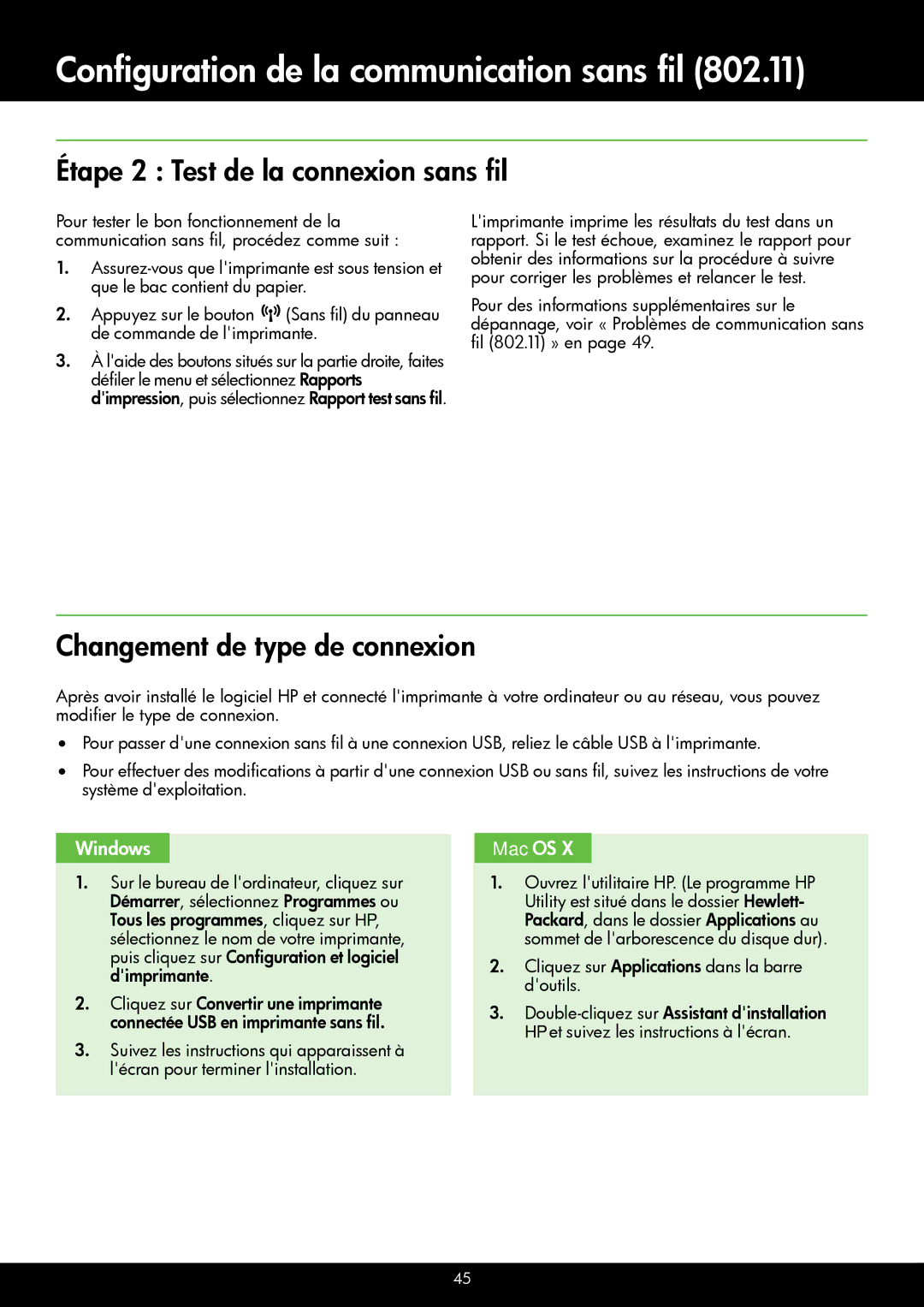 HP 4620, 4622 manual Étape 2 Test de la connexion sans fil, Changement de type de connexion 