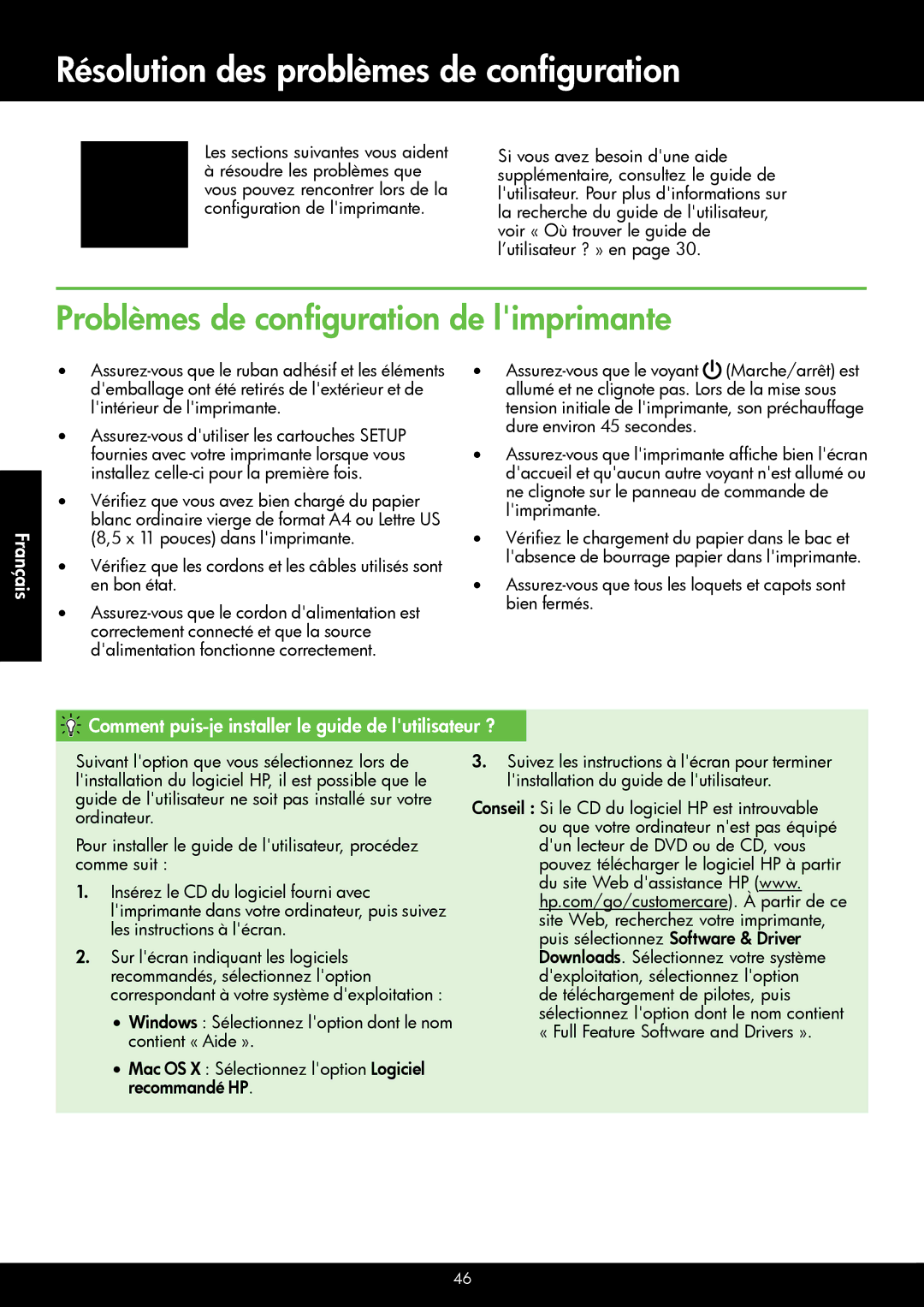 HP 4622, 4620 manual Résolution des problèmes de configuration, Problèmes de configuration de limprimante 