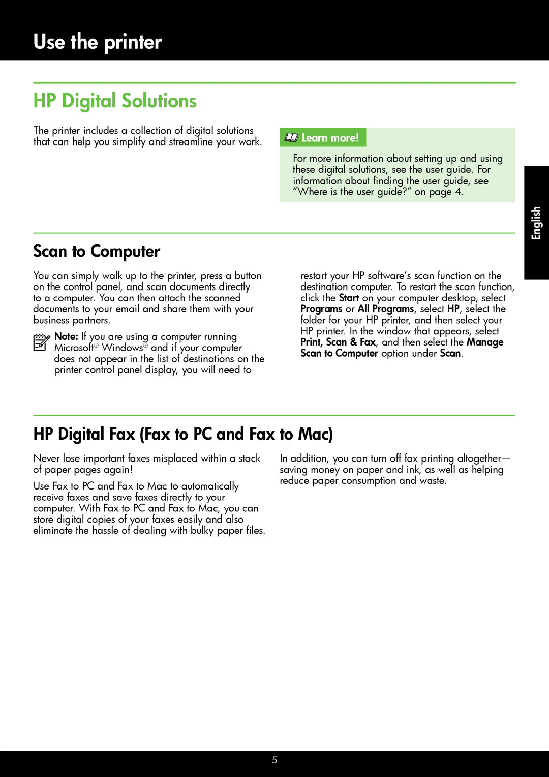 HP 4620, 4622 manual HP Digital Solutions, Scan to Computer, HP Digital Fax Fax to PC and Fax to Mac, Learn more 