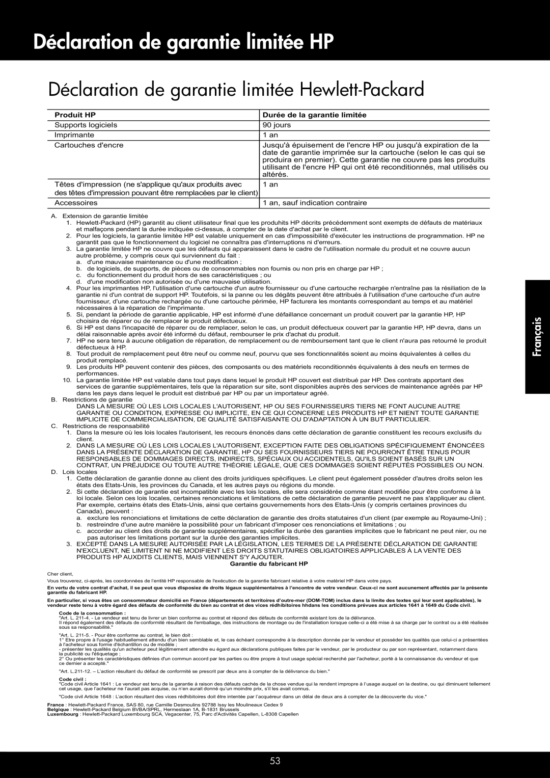 HP 4620, 4622 manual Déclaration de garantie limitée HP, Déclaration de garantie limitée Hewlett-Packard 