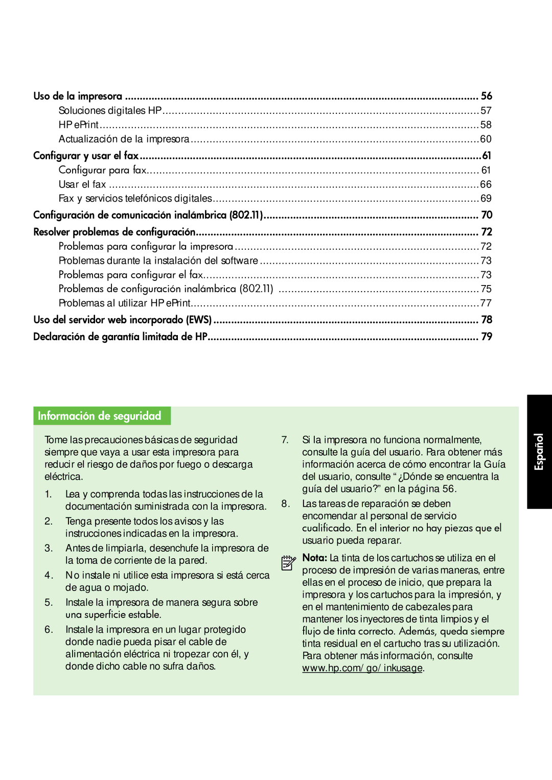 HP 4620, 4622 manual Información de seguridad, Español 