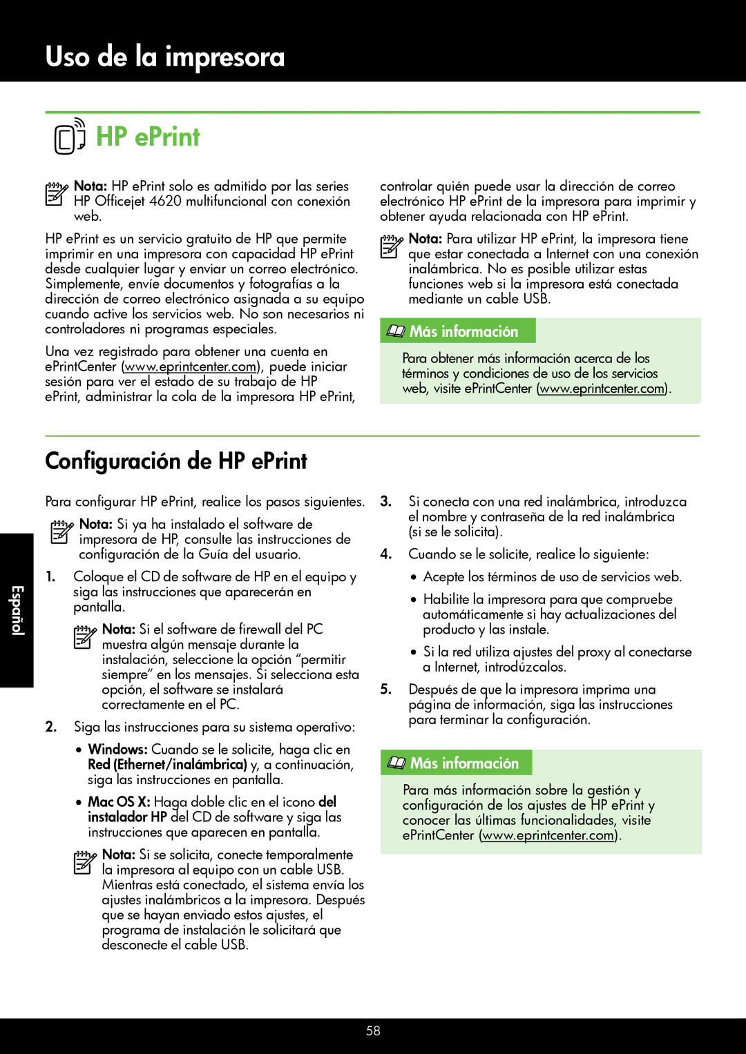 HP 4622, 4620 manual Configuración de HP ePrint, Más información Español 