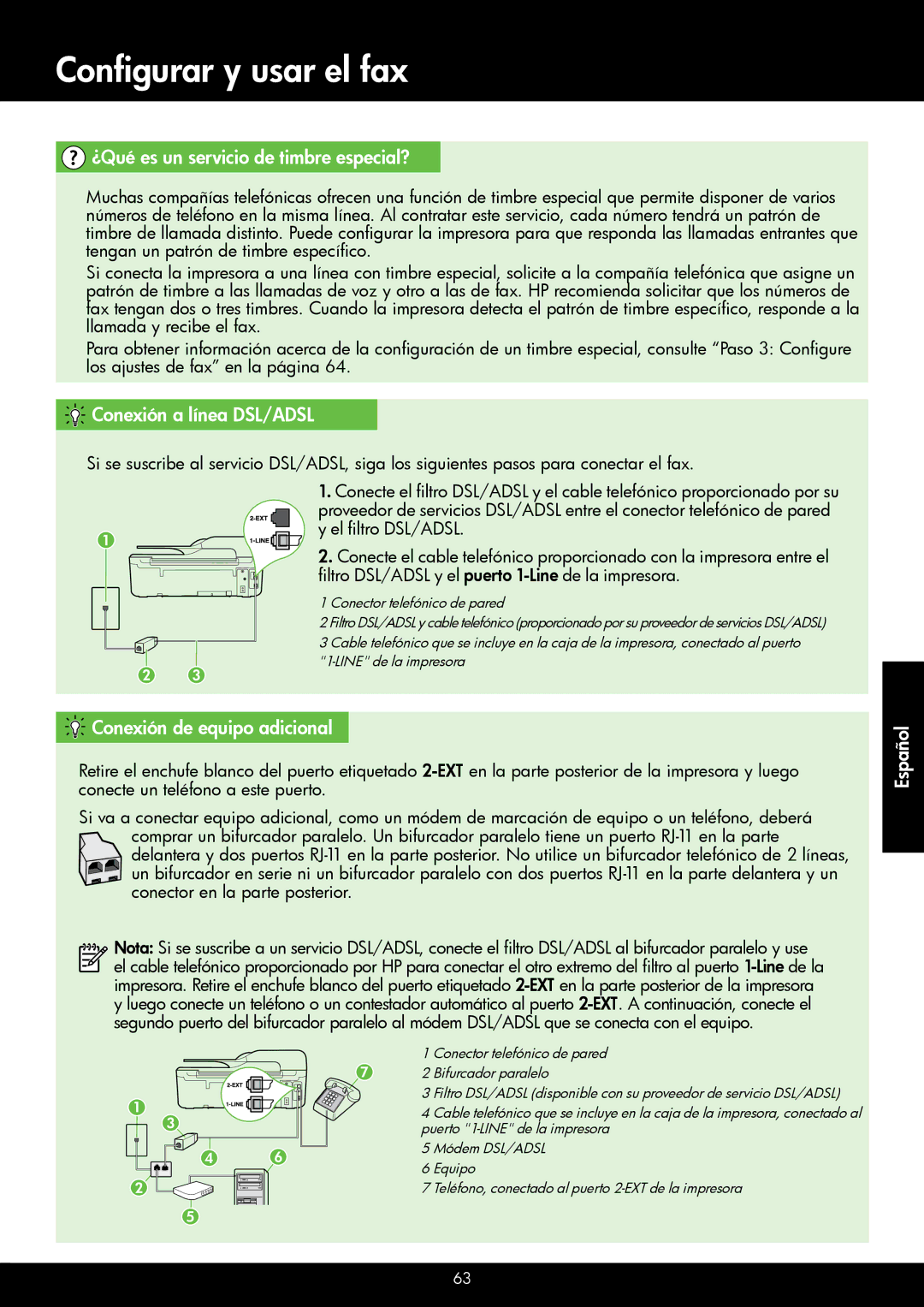 HP 4620, 4622 manual ¿Qué es un servicio de timbre especial?, Conexión a línea DSL/ADSL, Conexión de equipo adicional 