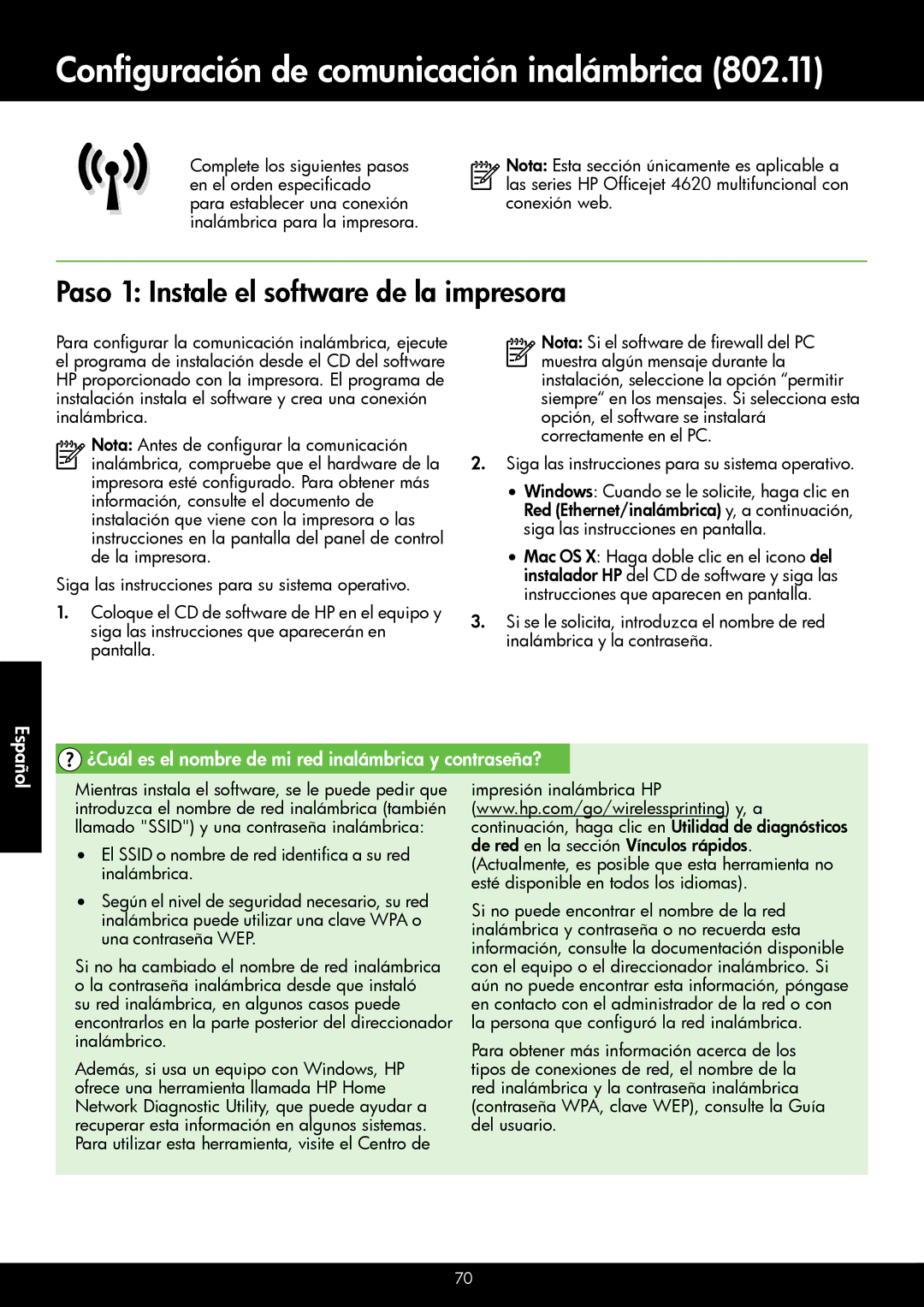 HP 4622 Configuración de comunicación inalámbrica, Paso 1 Instale el software de la impresora, Impresión inalámbrica HP 