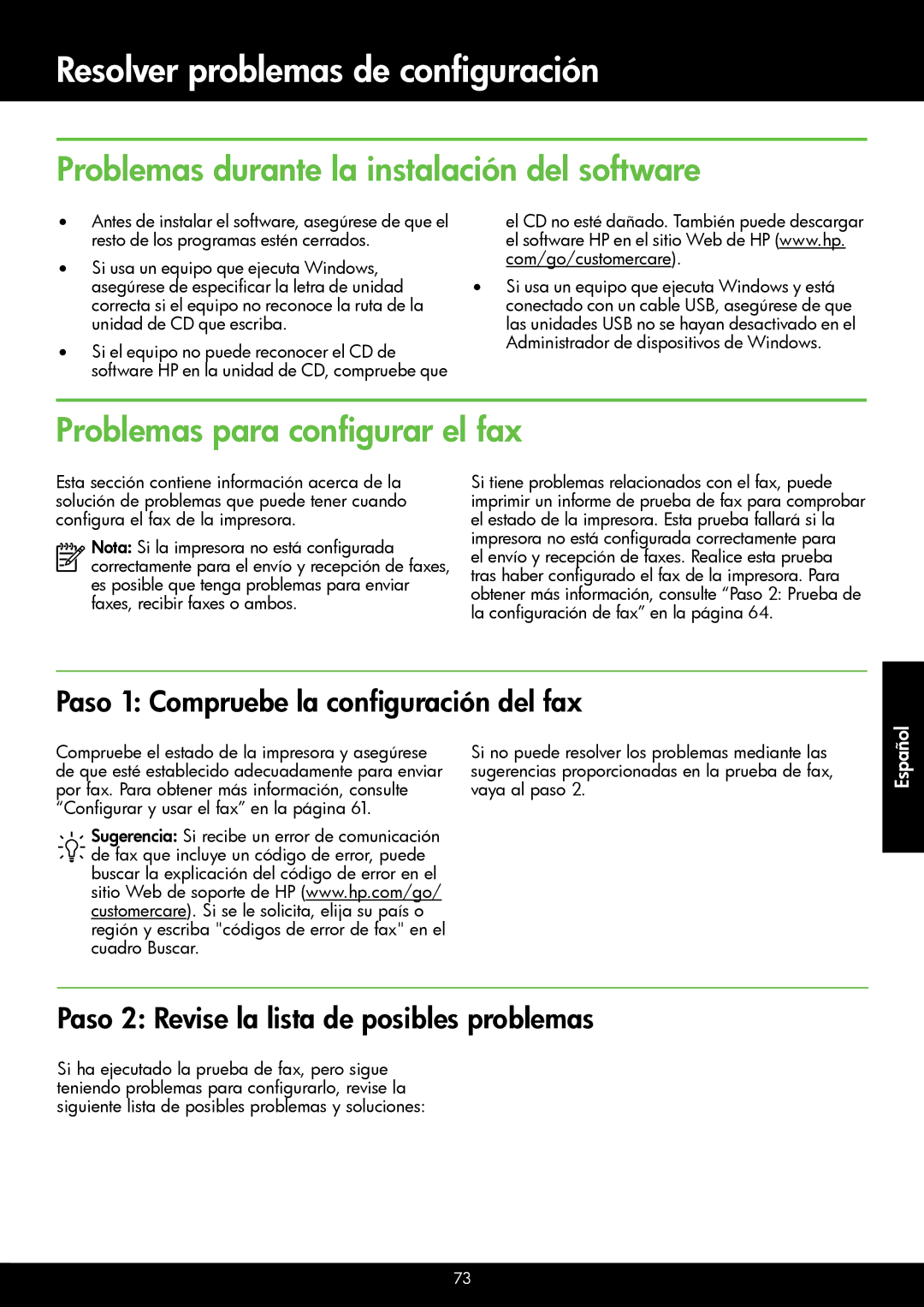 HP 4620, 4622 manual Problemas durante la instalación del software, Problemas para configurar el fax 