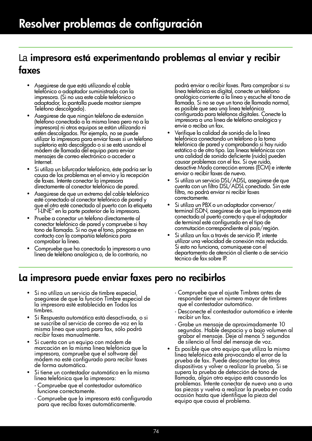 HP 4622, 4620 manual La impresora puede enviar faxes pero no recibirlos 