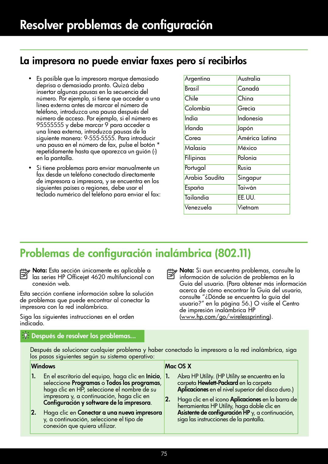 HP 4620, 4622 manual La impresora no puede enviar faxes pero sí recibirlos, Español Después de resolver los problemas 
