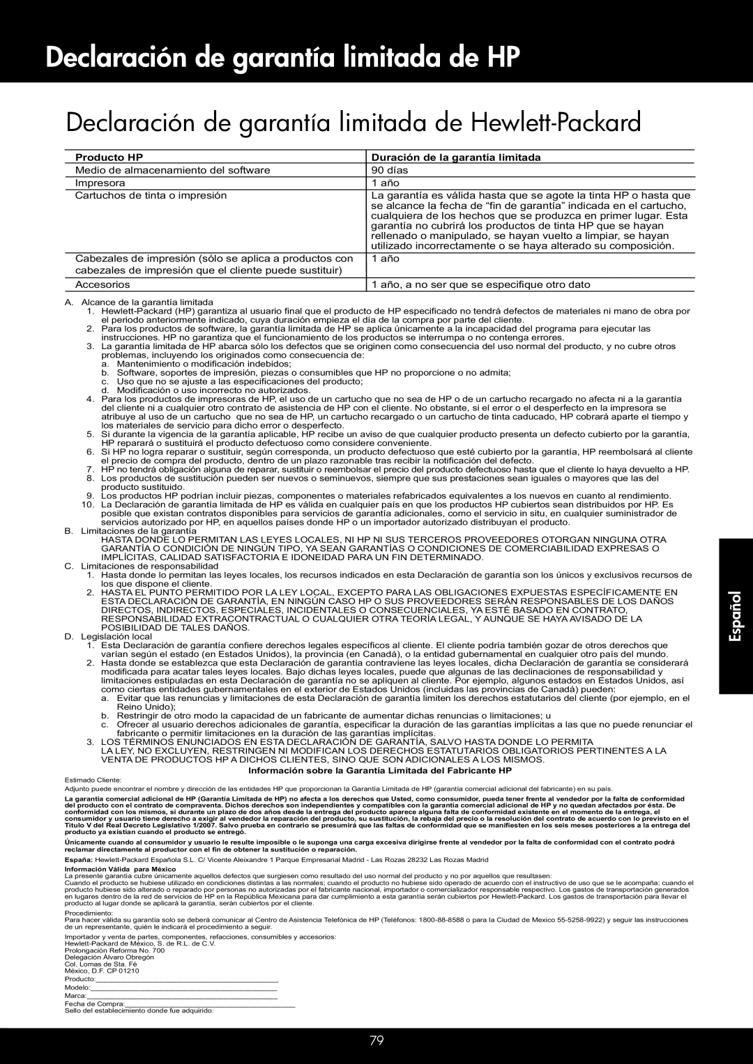 HP 4620, 4622 manual Declaración de garantía limitada de HP, Declaración de garantía limitada de Hewlett-Packard 