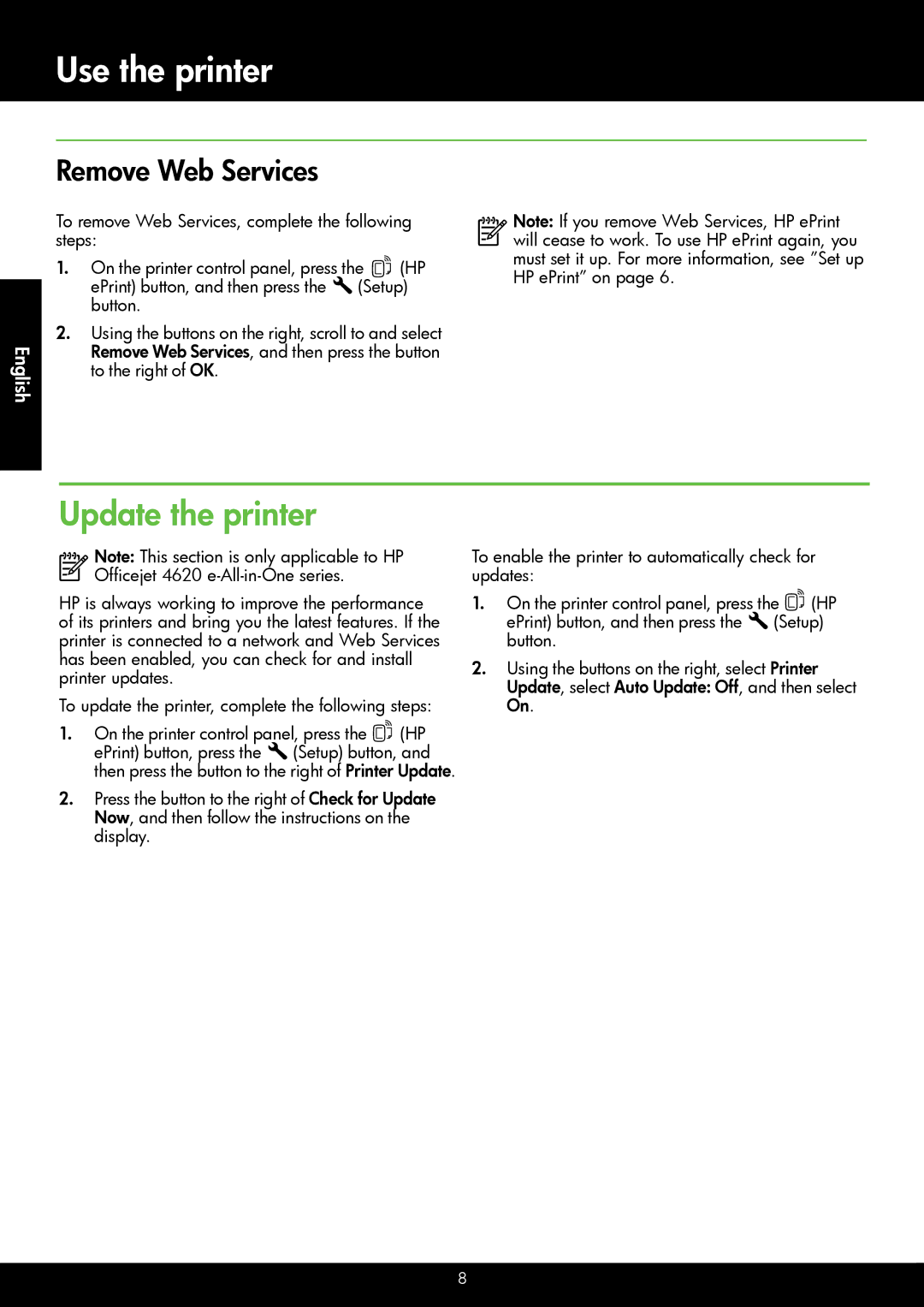 HP 4622, 4620 manual Update the printer, Remove Web Services, Button 