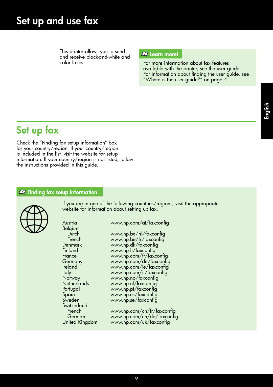 HP 4620, 4622 manual Set up and use fax, Set up fax, Finding fax setup information 