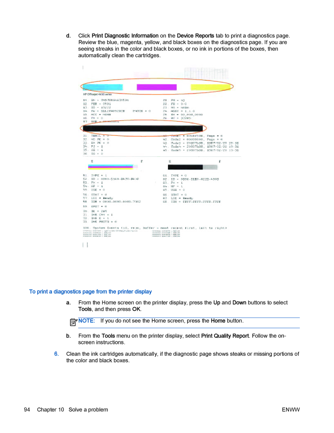 HP 4630 e manual To print a diagnostics page from the printer display 