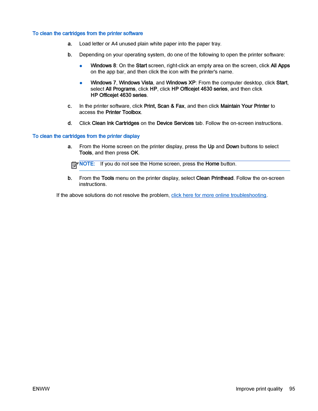 HP 4630 e manual To clean the cartridges from the printer software, To clean the cartridges from the printer display 