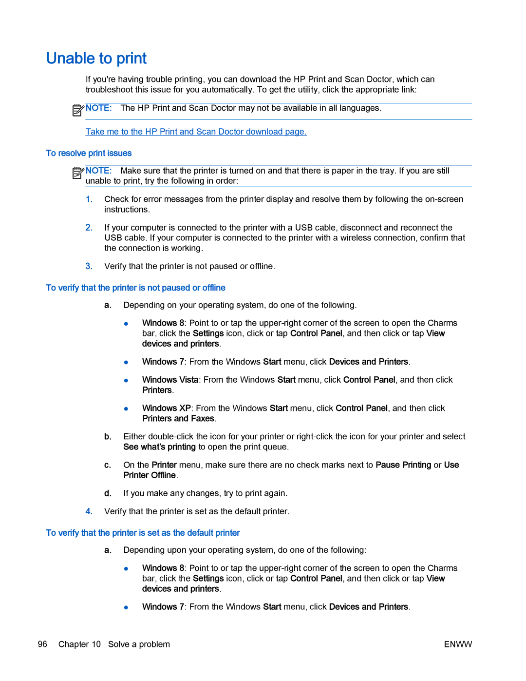 HP 4630 e manual Unable to print, To resolve print issues, To verify that the printer is not paused or offline 