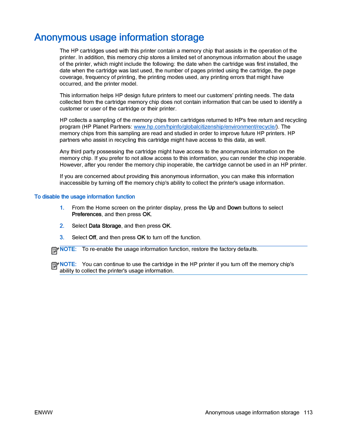 HP 4630 e manual Anonymous usage information storage, To disable the usage information function 