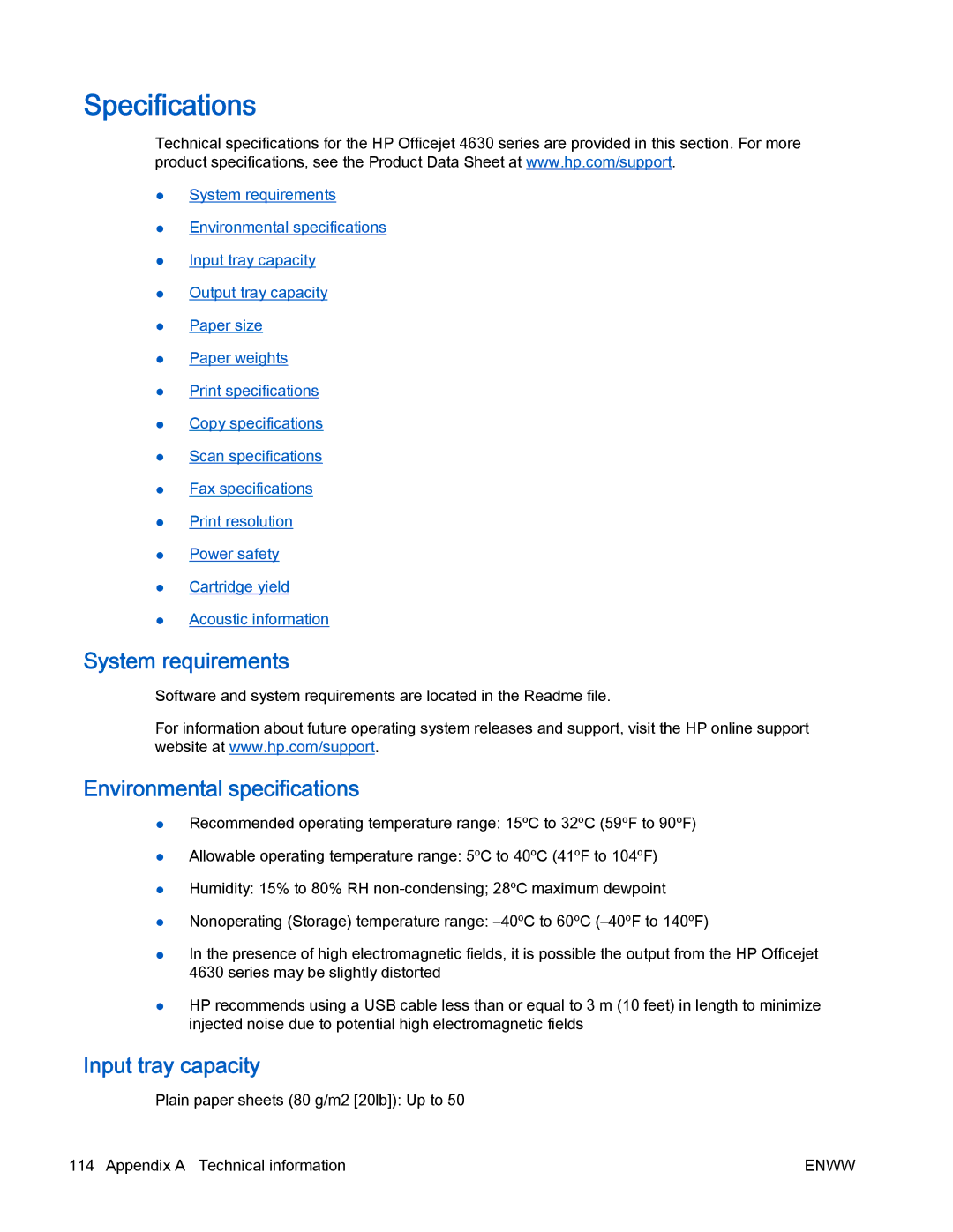 HP 4630 e manual Specifications, System requirements, Environmental specifications, Input tray capacity 