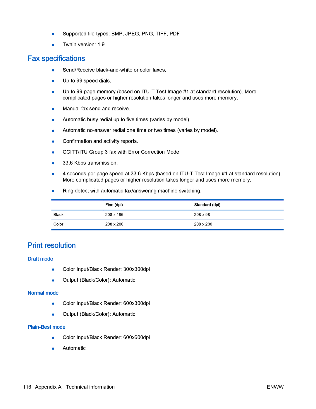 HP 4630 e manual Fax specifications, Print resolution, Draft mode, Normal mode, Plain-Best mode 