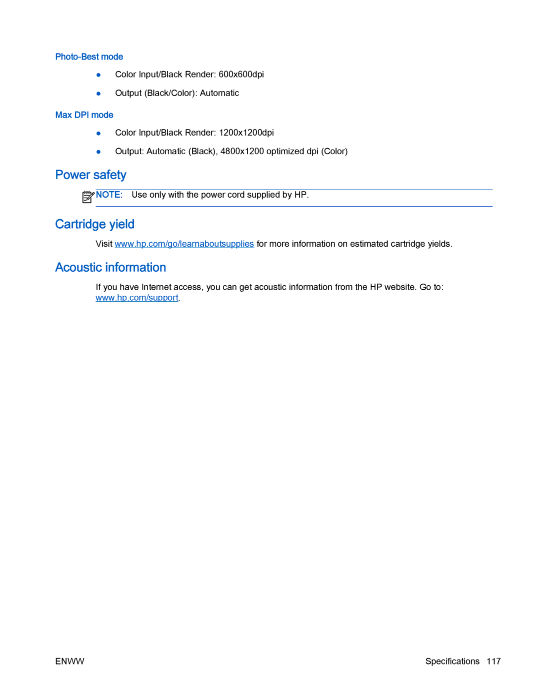 HP 4630 e manual Power safety Cartridge yield Acoustic information, Photo-Best mode, Max DPI mode 