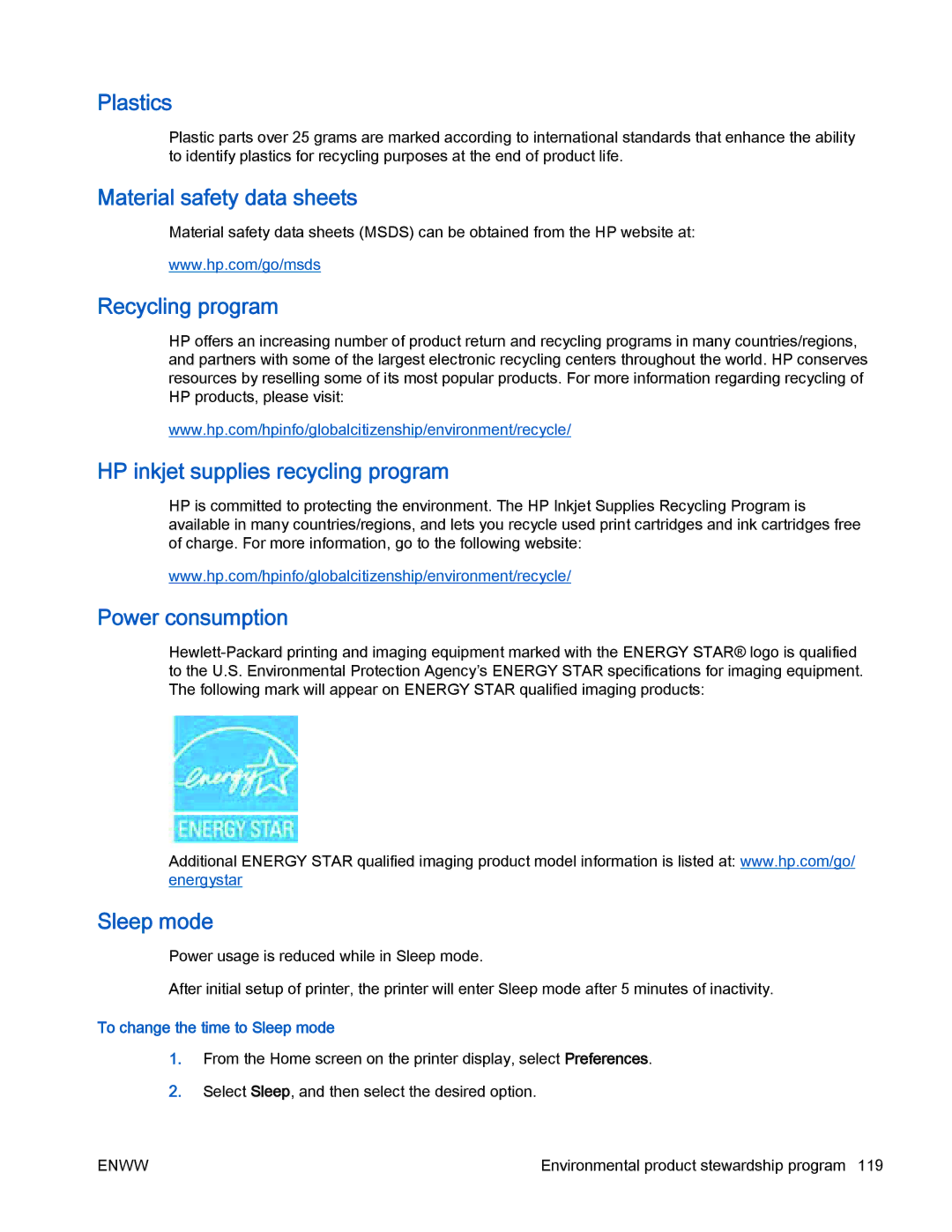 HP 4630 e manual Plastics, Material safety data sheets, Recycling program, HP inkjet supplies recycling program, Sleep mode 